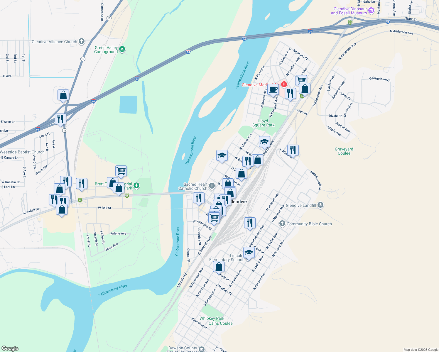 map of restaurants, bars, coffee shops, grocery stores, and more near 419 North Meade Avenue in Glendive