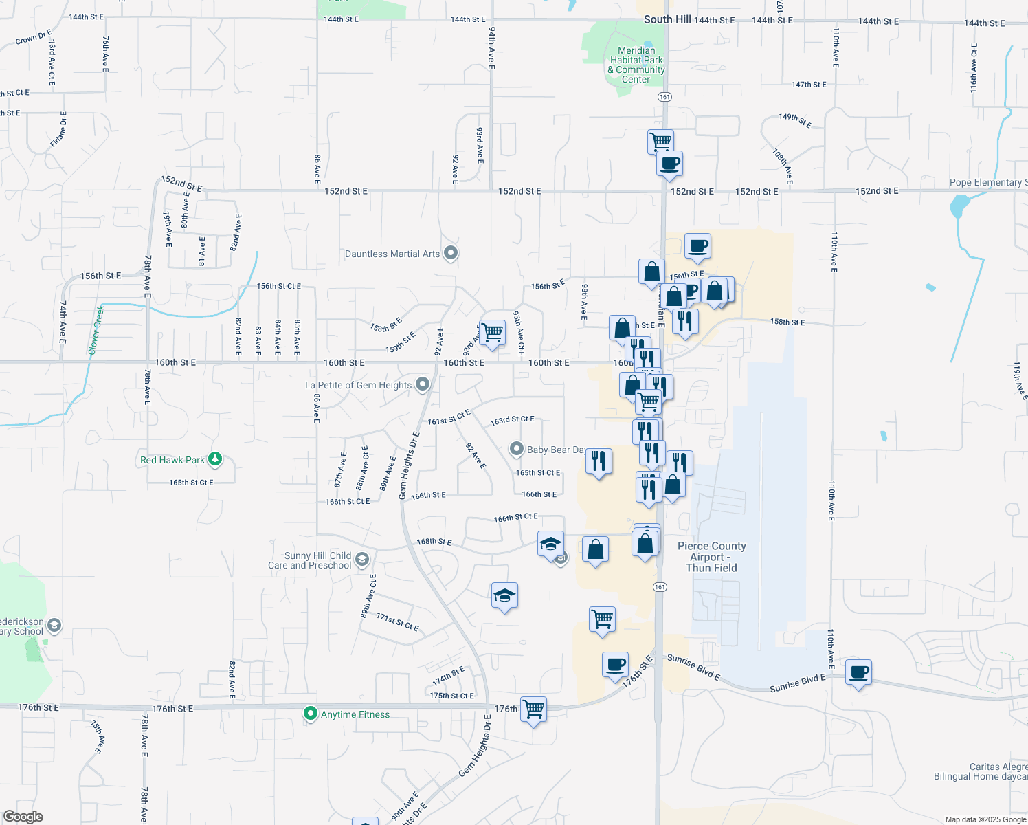 map of restaurants, bars, coffee shops, grocery stores, and more near 9505 163rd Street Court East in Puyallup