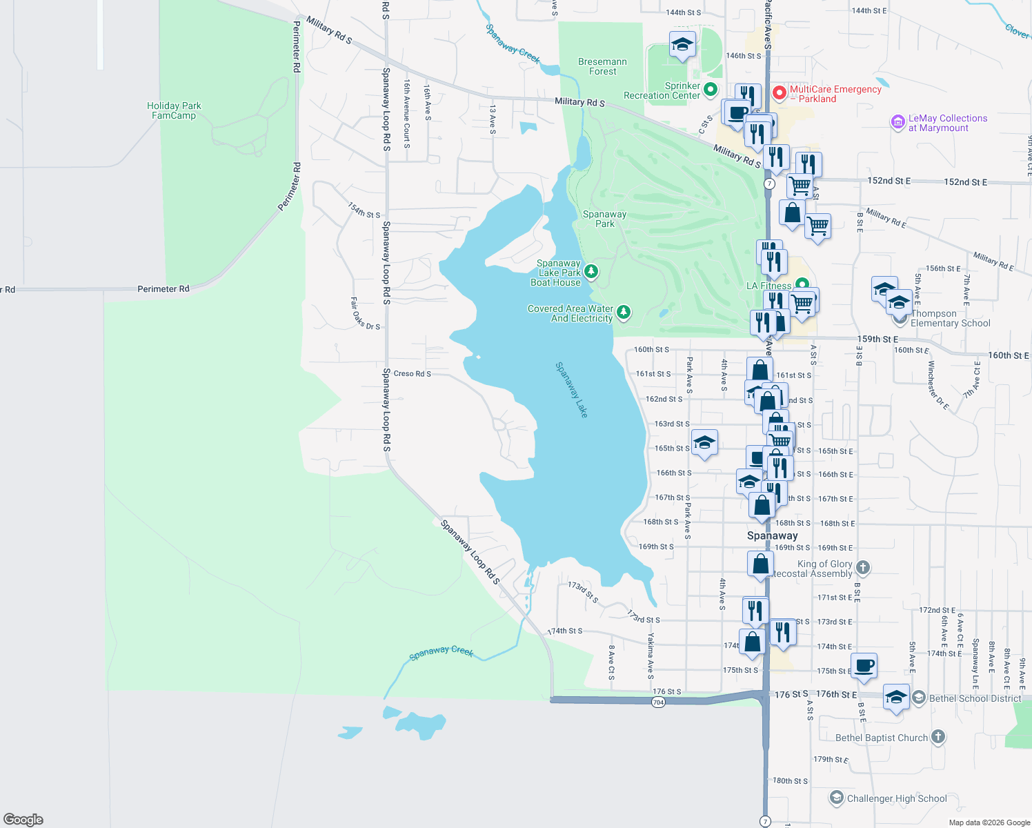 map of restaurants, bars, coffee shops, grocery stores, and more near 1207 Creso Road in Spanaway