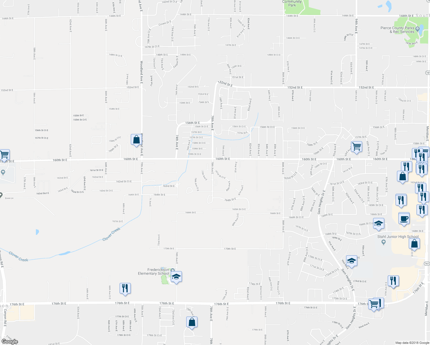 map of restaurants, bars, coffee shops, grocery stores, and more near 7810 161st Street Court East in Puyallup