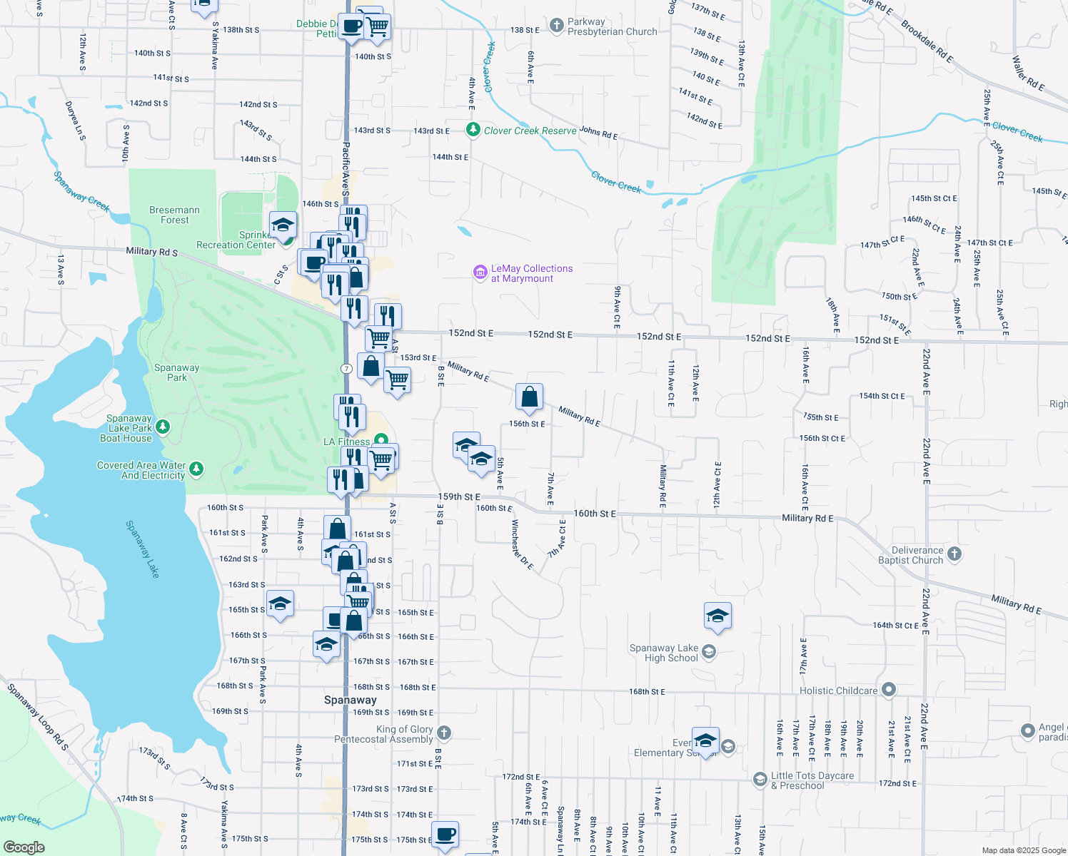 map of restaurants, bars, coffee shops, grocery stores, and more near 606 156th Street East in Tacoma
