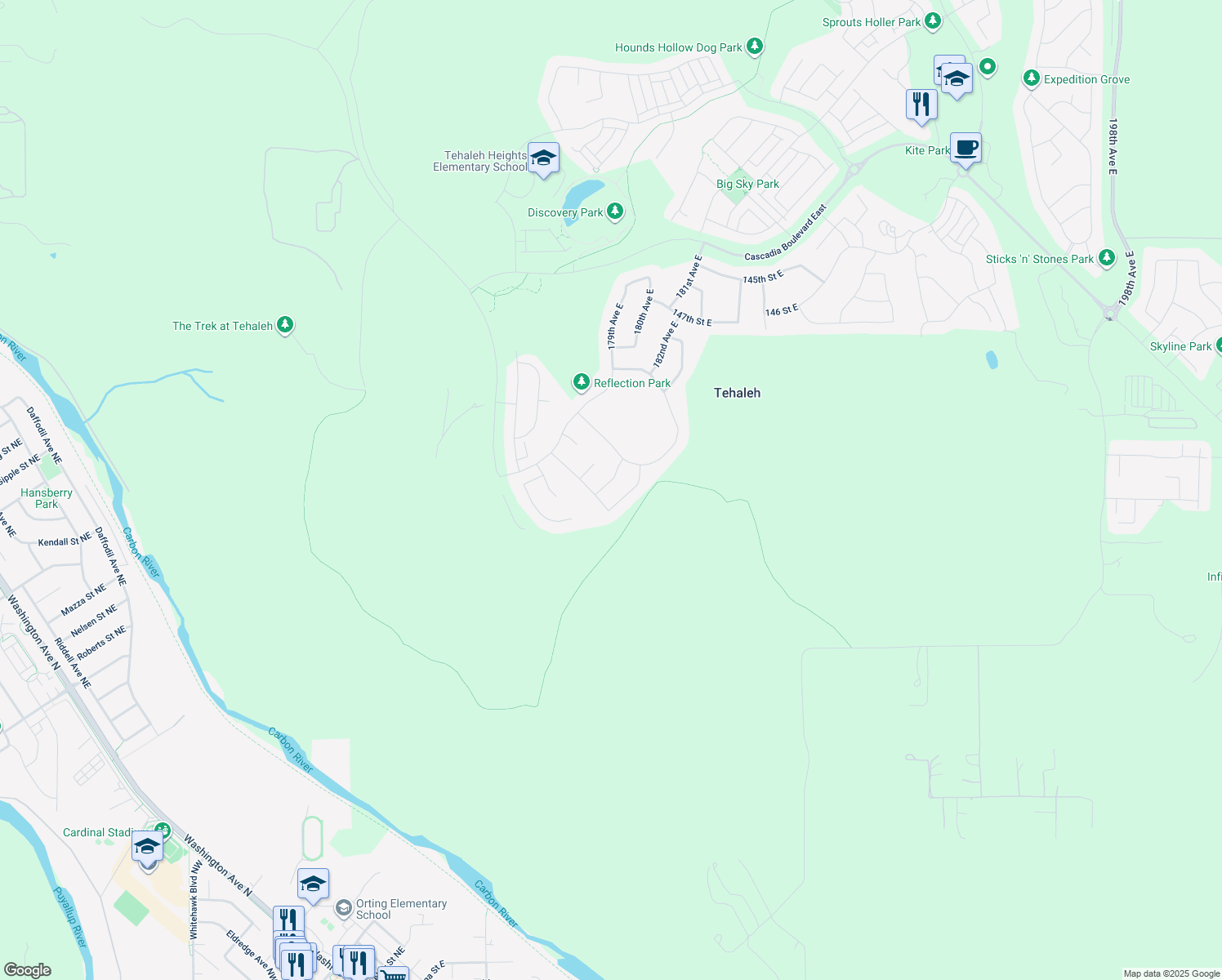 map of restaurants, bars, coffee shops, grocery stores, and more near 15215 182nd Avenue East in Bonney Lake