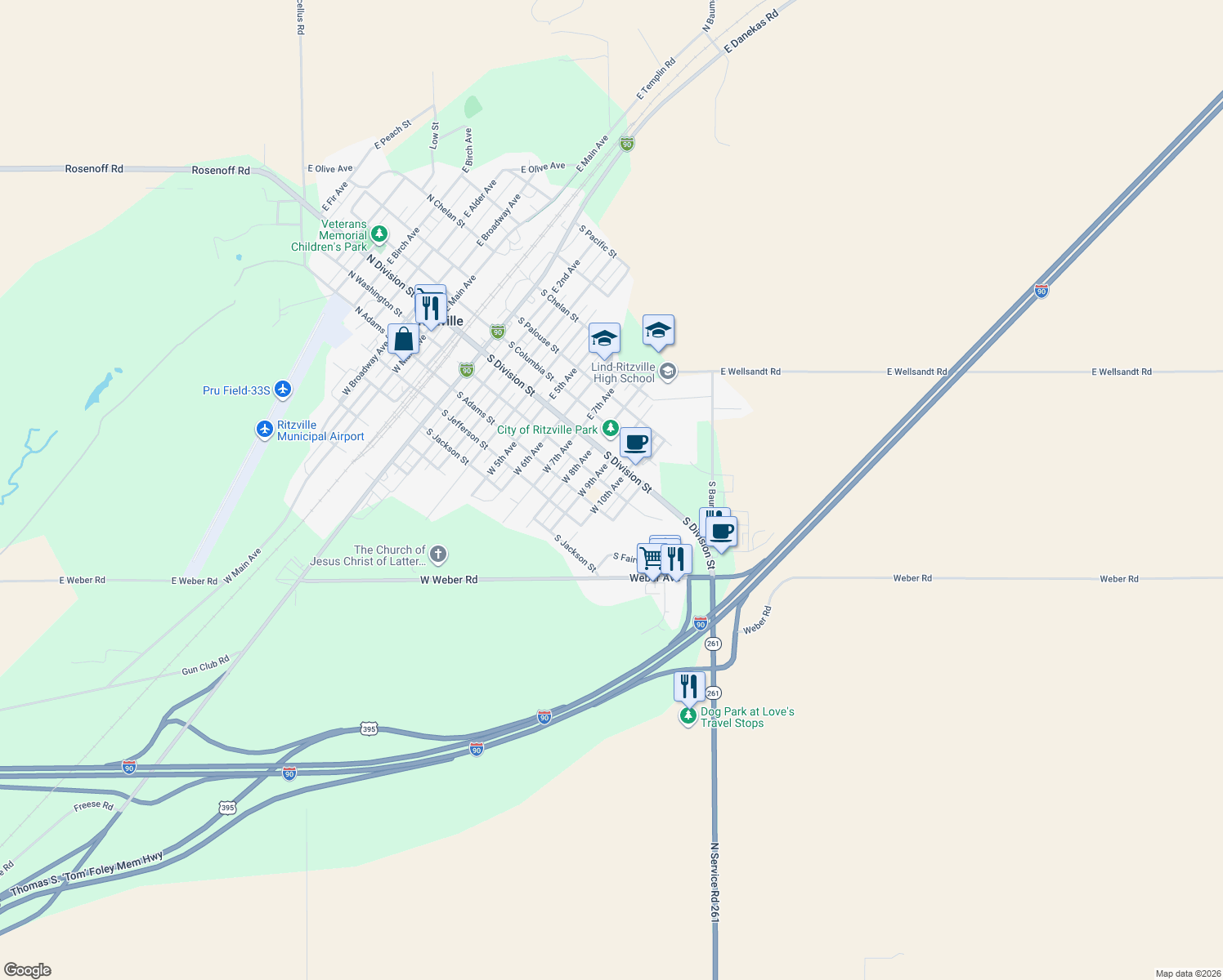map of restaurants, bars, coffee shops, grocery stores, and more near 203 West 10th Avenue in Ritzville