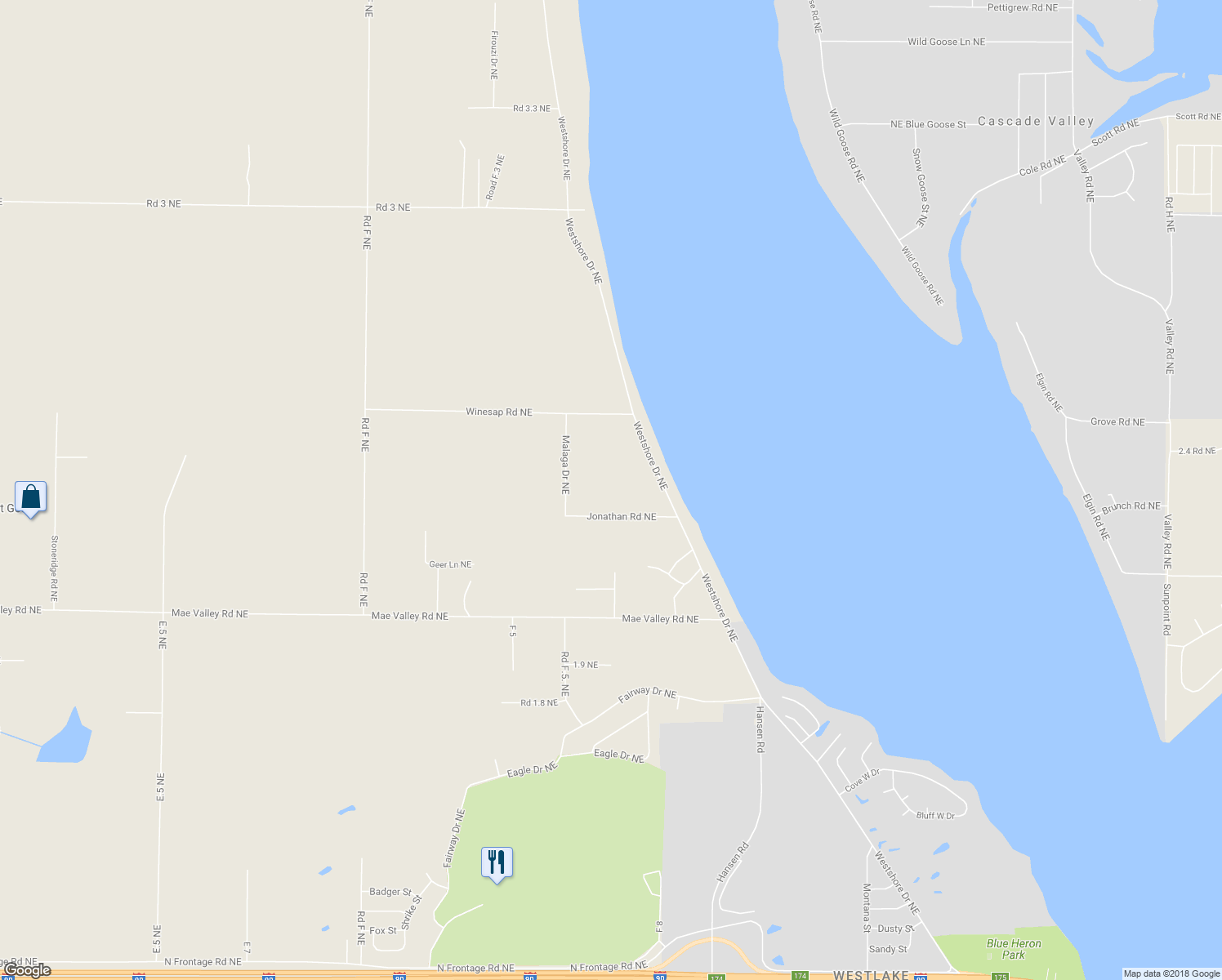 map of restaurants, bars, coffee shops, grocery stores, and more near 6618 Jonathan Road Northeast in Moses Lake