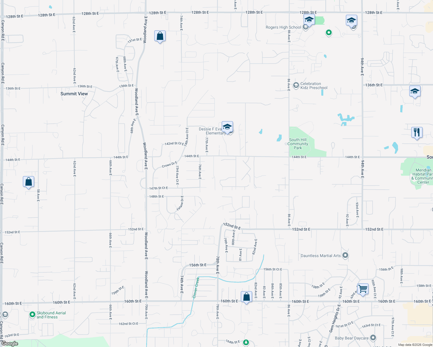map of restaurants, bars, coffee shops, grocery stores, and more near 14619 77th Avenue Court East in Puyallup