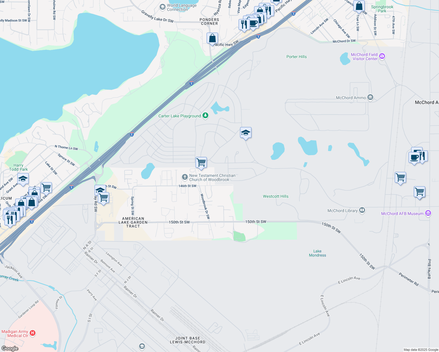 map of restaurants, bars, coffee shops, grocery stores, and more near 6607 146th Street Southwest in Tacoma