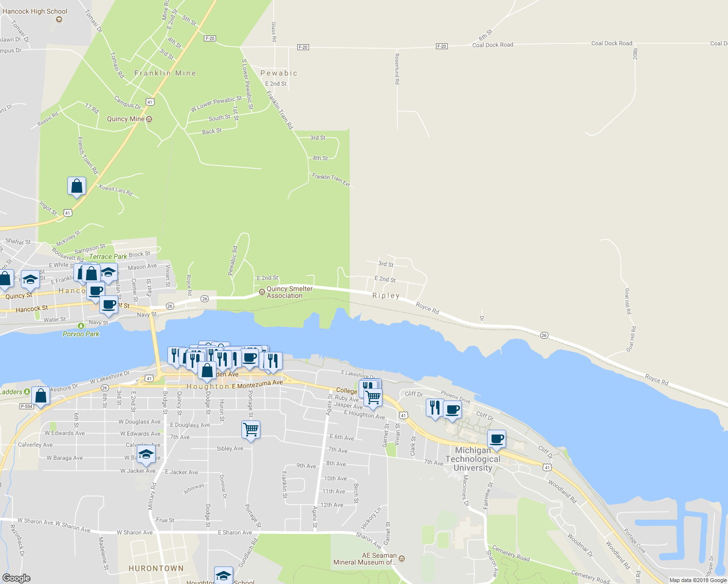 map of restaurants, bars, coffee shops, grocery stores, and more near 798 Royce Road in Hancock