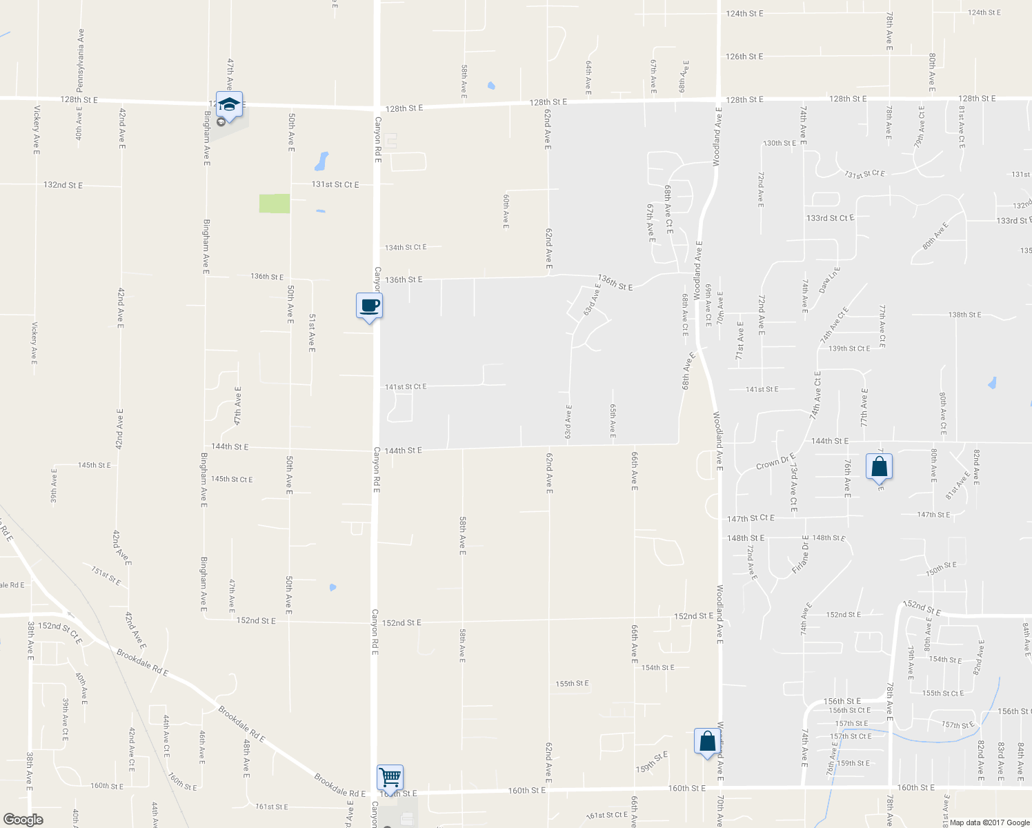 map of restaurants, bars, coffee shops, grocery stores, and more near 6017 144th Street East in Puyallup