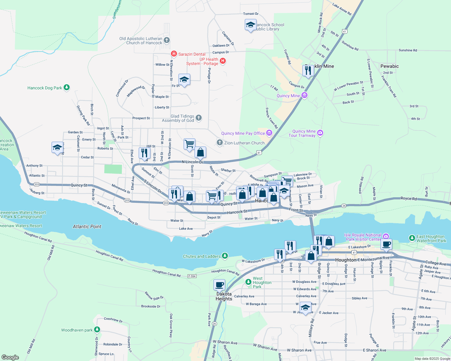 map of restaurants, bars, coffee shops, grocery stores, and more near 699 Finn St in Hancock