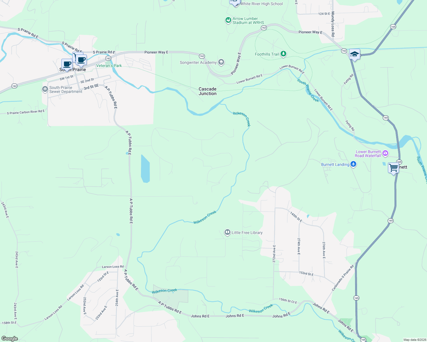 map of restaurants, bars, coffee shops, grocery stores, and more near 14115 263rd Avenue East in Buckley