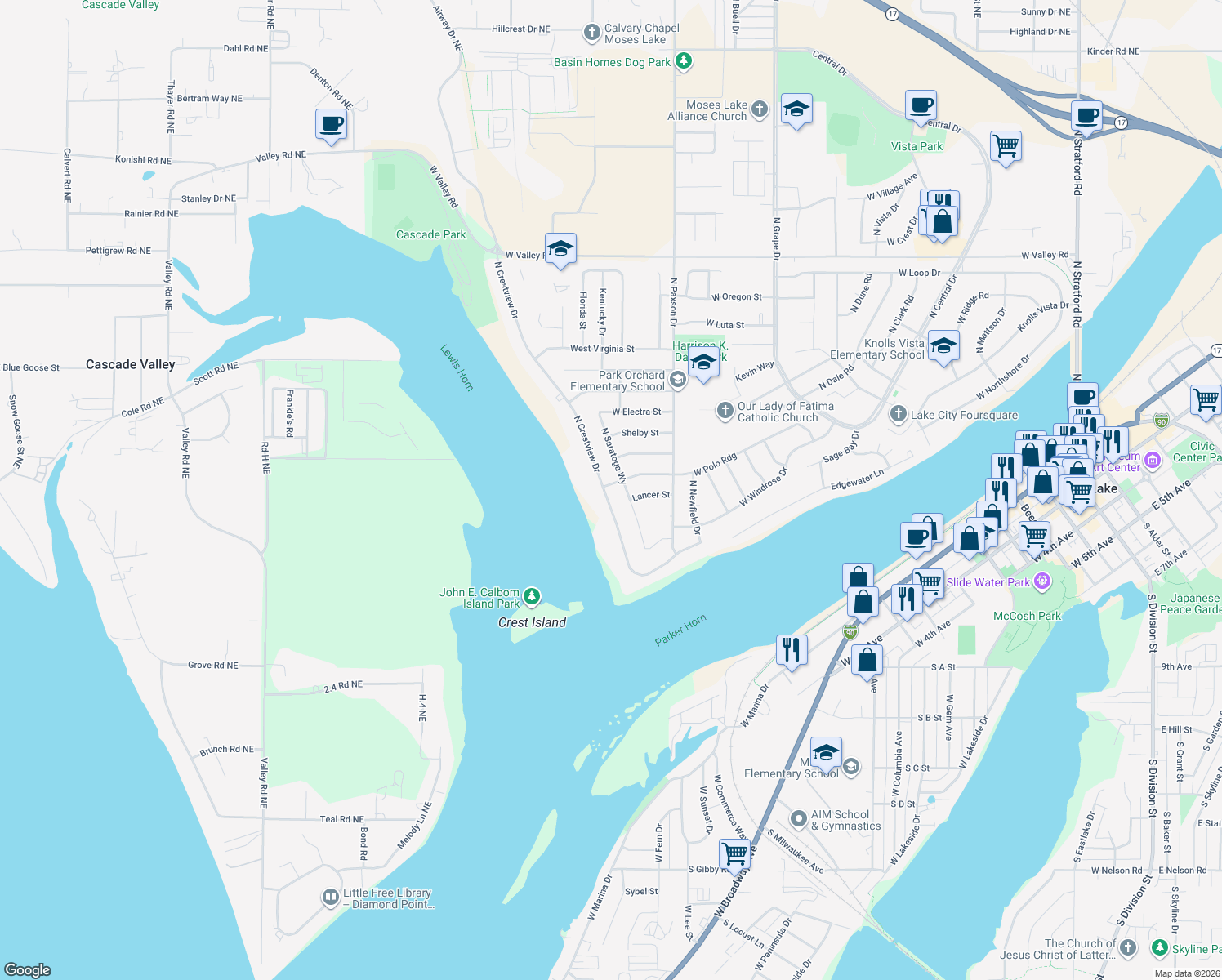 map of restaurants, bars, coffee shops, grocery stores, and more near 329 North Crestview Drive in Moses Lake
