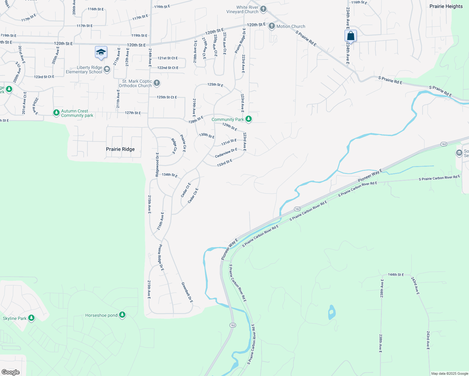 map of restaurants, bars, coffee shops, grocery stores, and more near 22312 133rd Street Court East in Orting