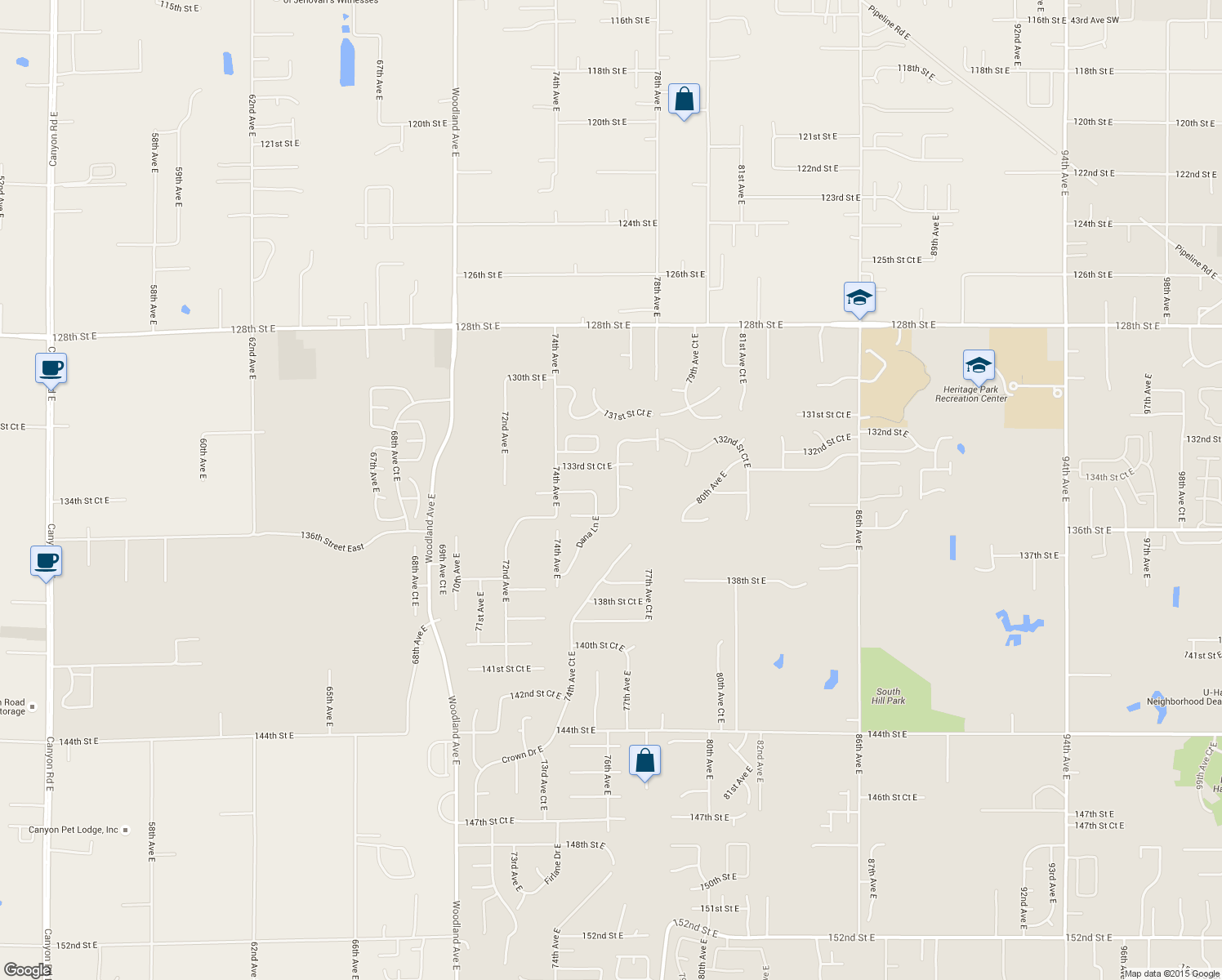 map of restaurants, bars, coffee shops, grocery stores, and more near 13412 76th Avenue Court East in Puyallup