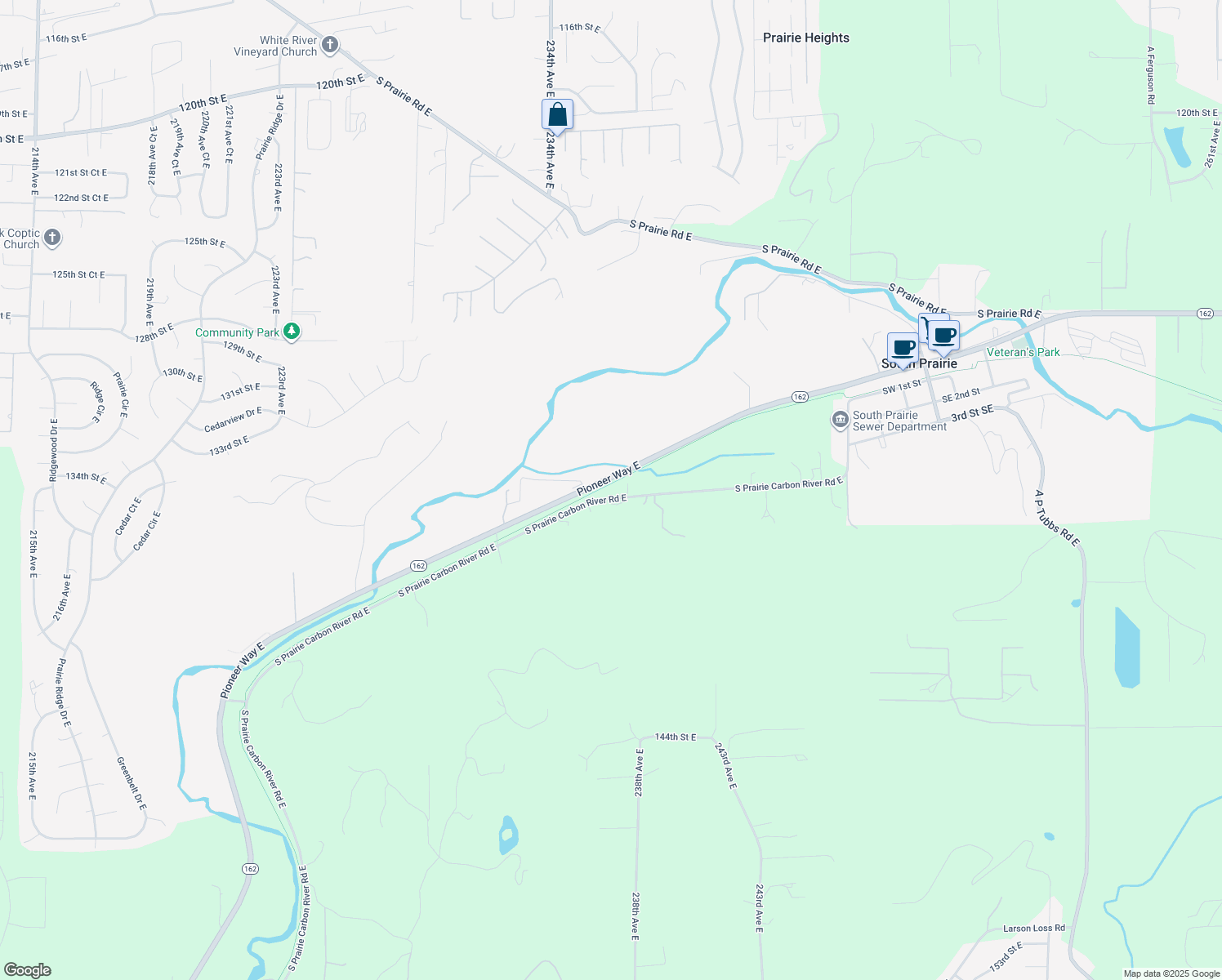 map of restaurants, bars, coffee shops, grocery stores, and more near 13604 S Prairie Carbon River Rd E in Orting