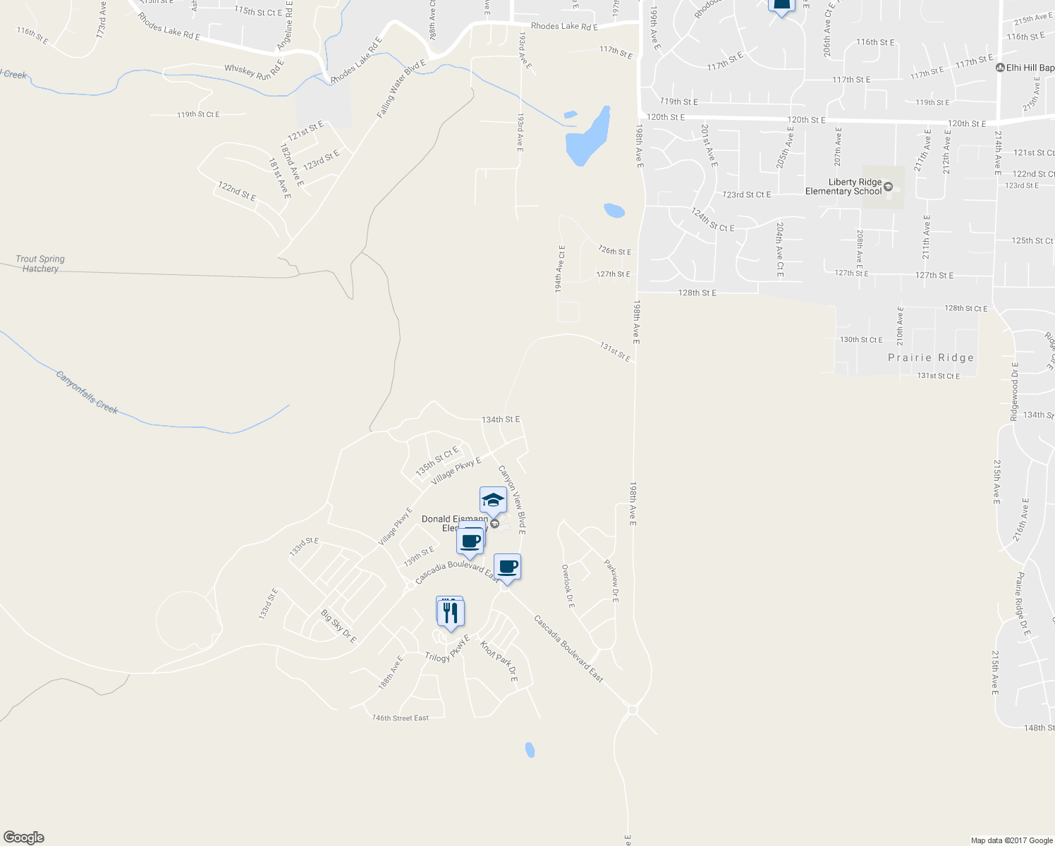 map of restaurants, bars, coffee shops, grocery stores, and more near 13409 193rd Avenue East in Bonney Lake