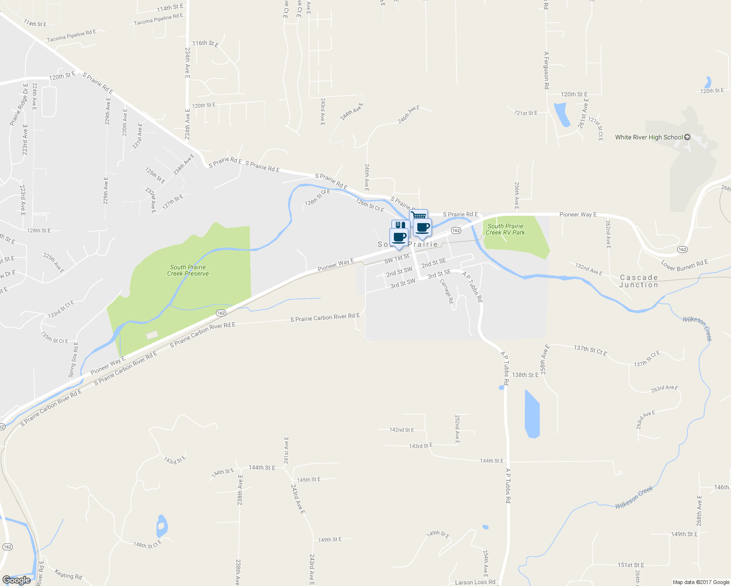 map of restaurants, bars, coffee shops, grocery stores, and more near 221 South Prairie Carbon River Road in South Prairie