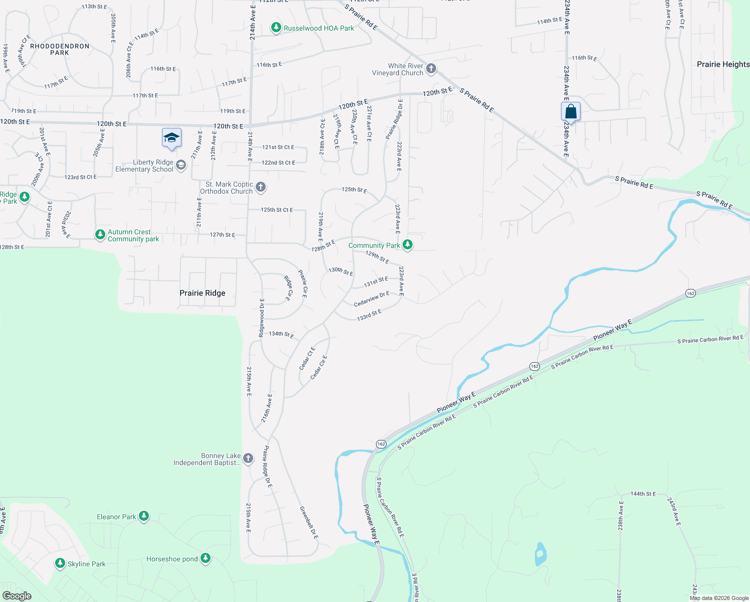 map of restaurants, bars, coffee shops, grocery stores, and more near 22204 Cedarview Drive East in Bonney Lake