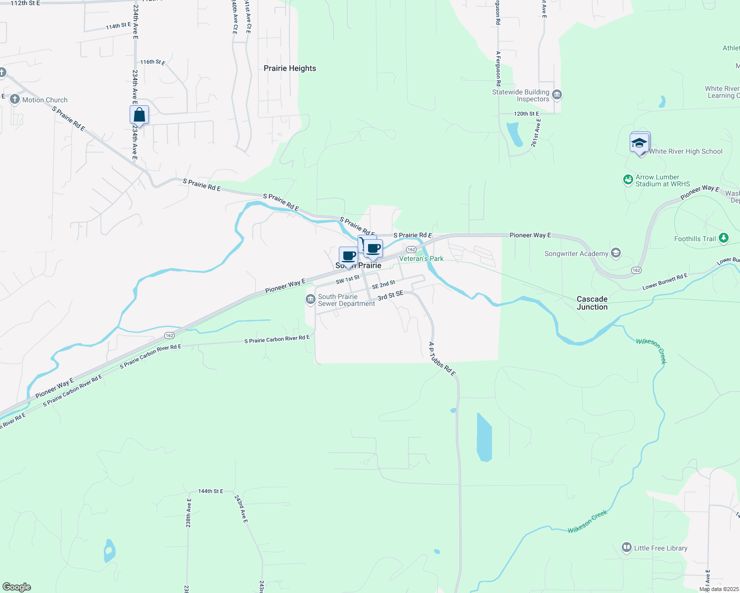 map of restaurants, bars, coffee shops, grocery stores, and more near 307 Emery Avenue South in Buckley