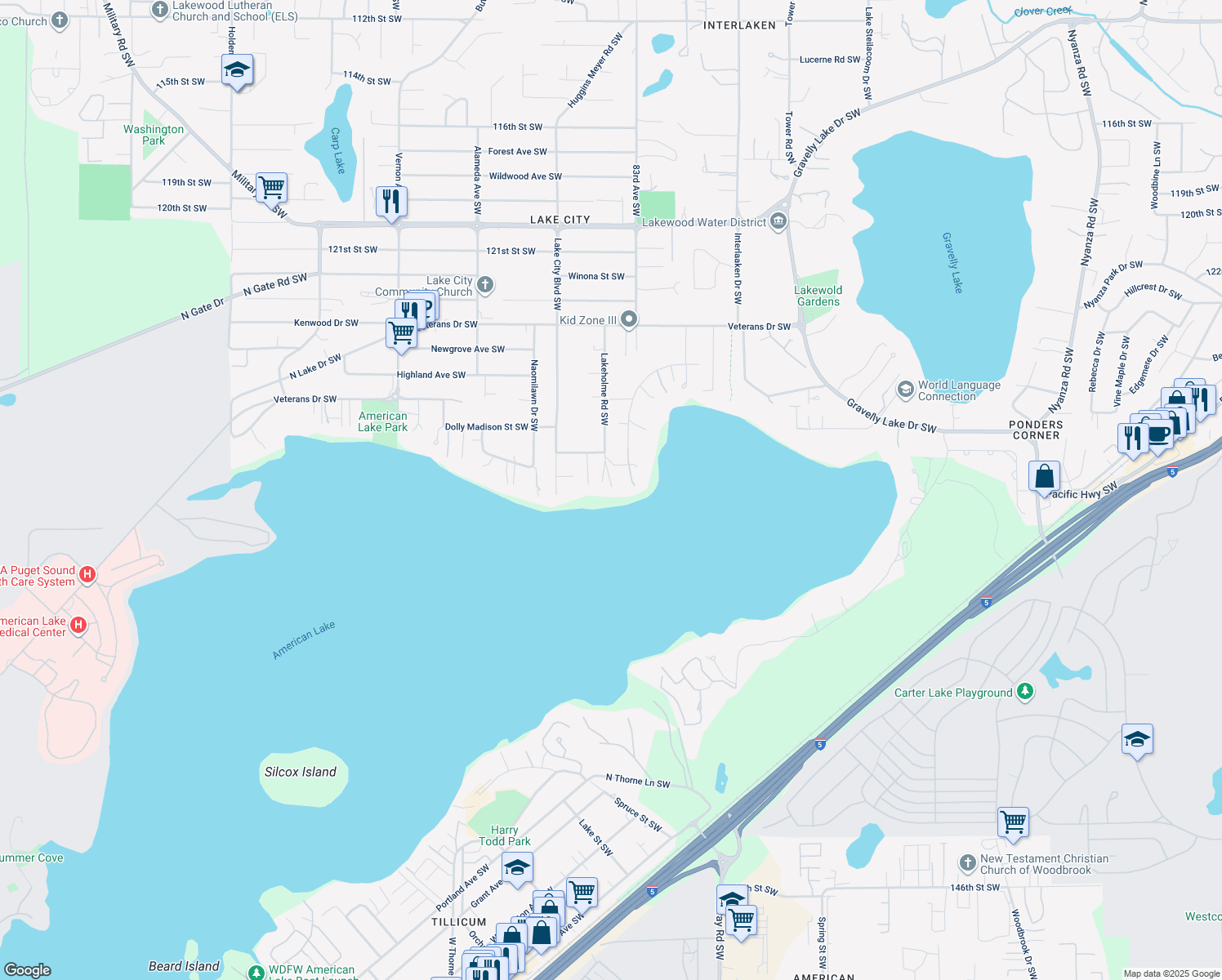 map of restaurants, bars, coffee shops, grocery stores, and more near 13001 Lakeholme Rd SW in Tacoma