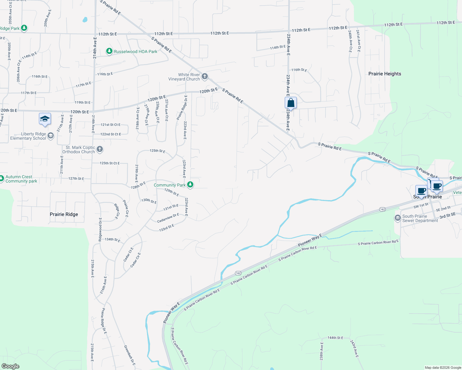 map of restaurants, bars, coffee shops, grocery stores, and more near 12714 229th Avenue East in Sumner