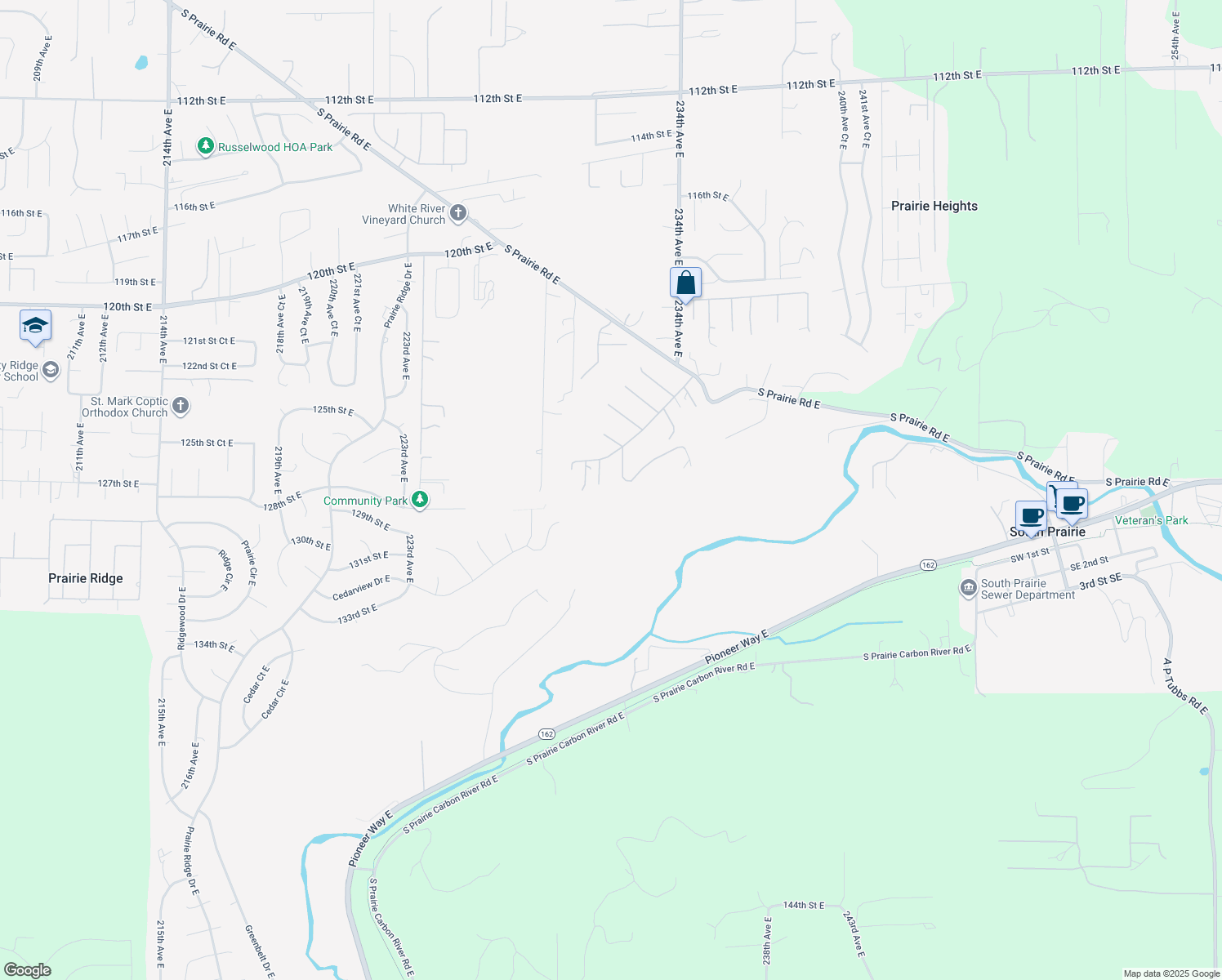 map of restaurants, bars, coffee shops, grocery stores, and more near 12617 231st Avenue East in Buckley