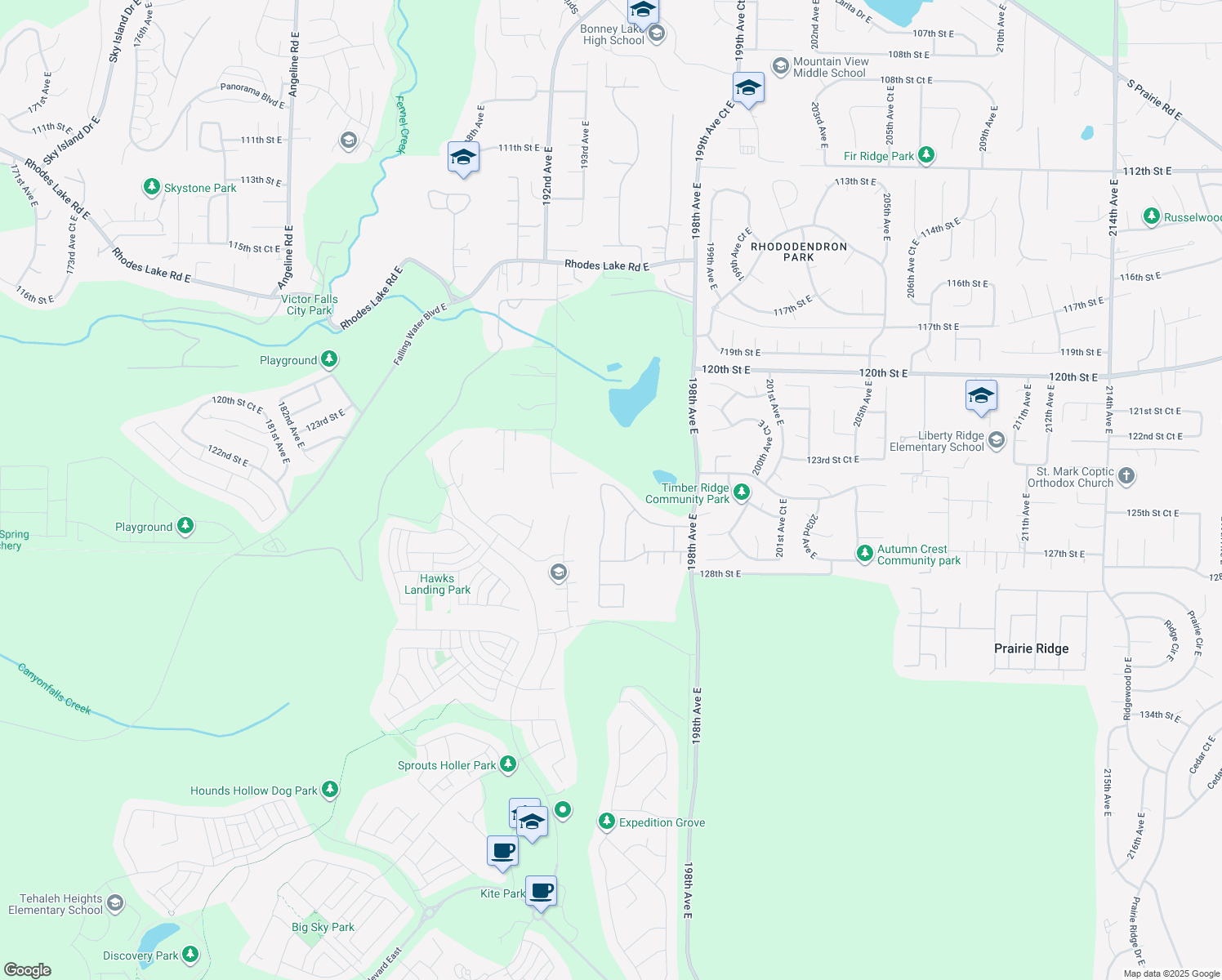 map of restaurants, bars, coffee shops, grocery stores, and more near 19414 126th Street East in Sumner
