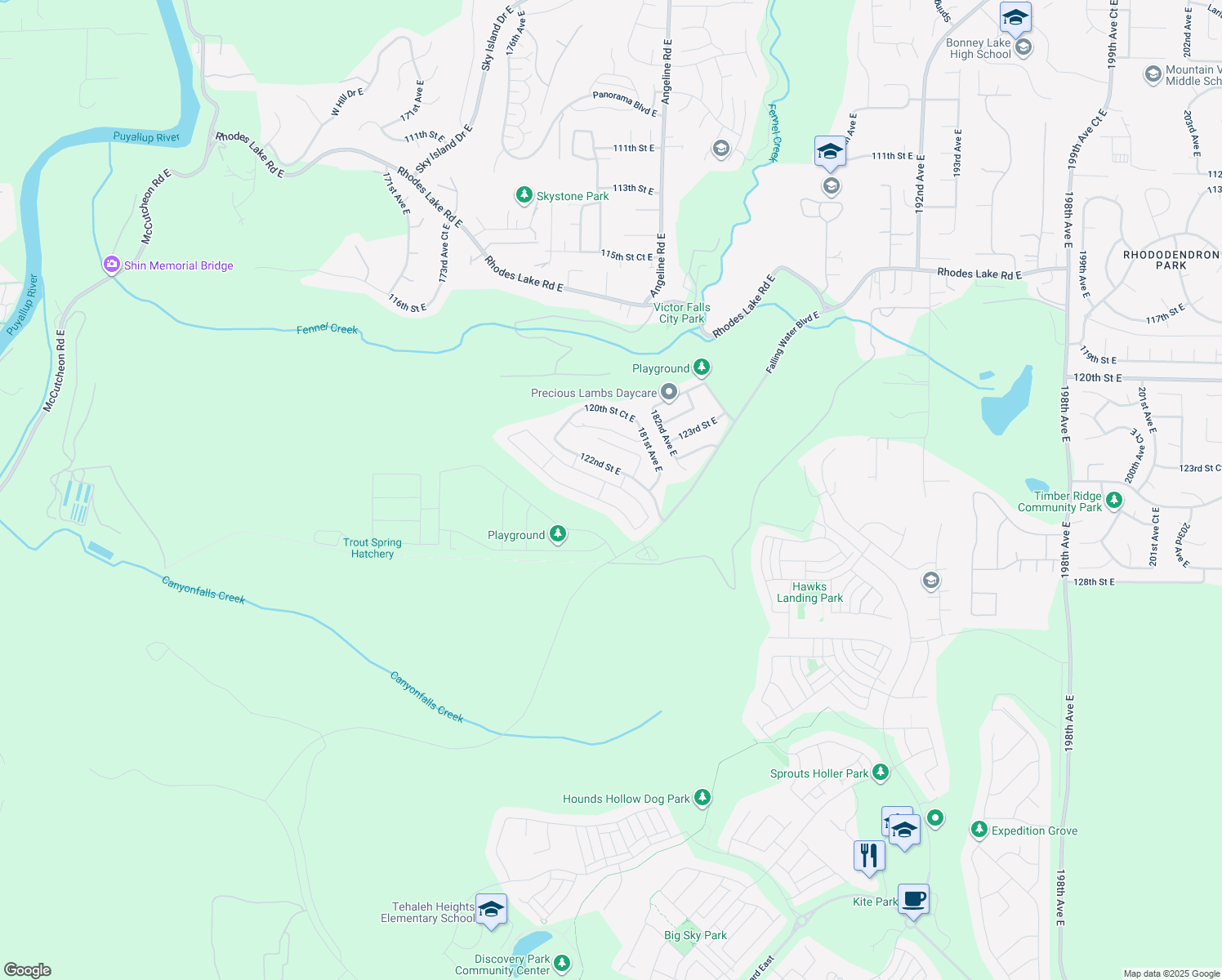 map of restaurants, bars, coffee shops, grocery stores, and more near 17942 122nd Street Court East in Bonney Lake