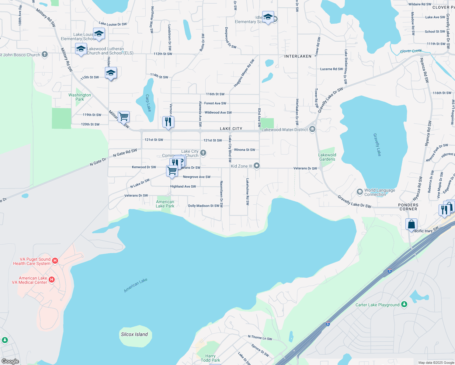 map of restaurants, bars, coffee shops, grocery stores, and more near 12510 Lake City Boulevard Southwest in Tacoma