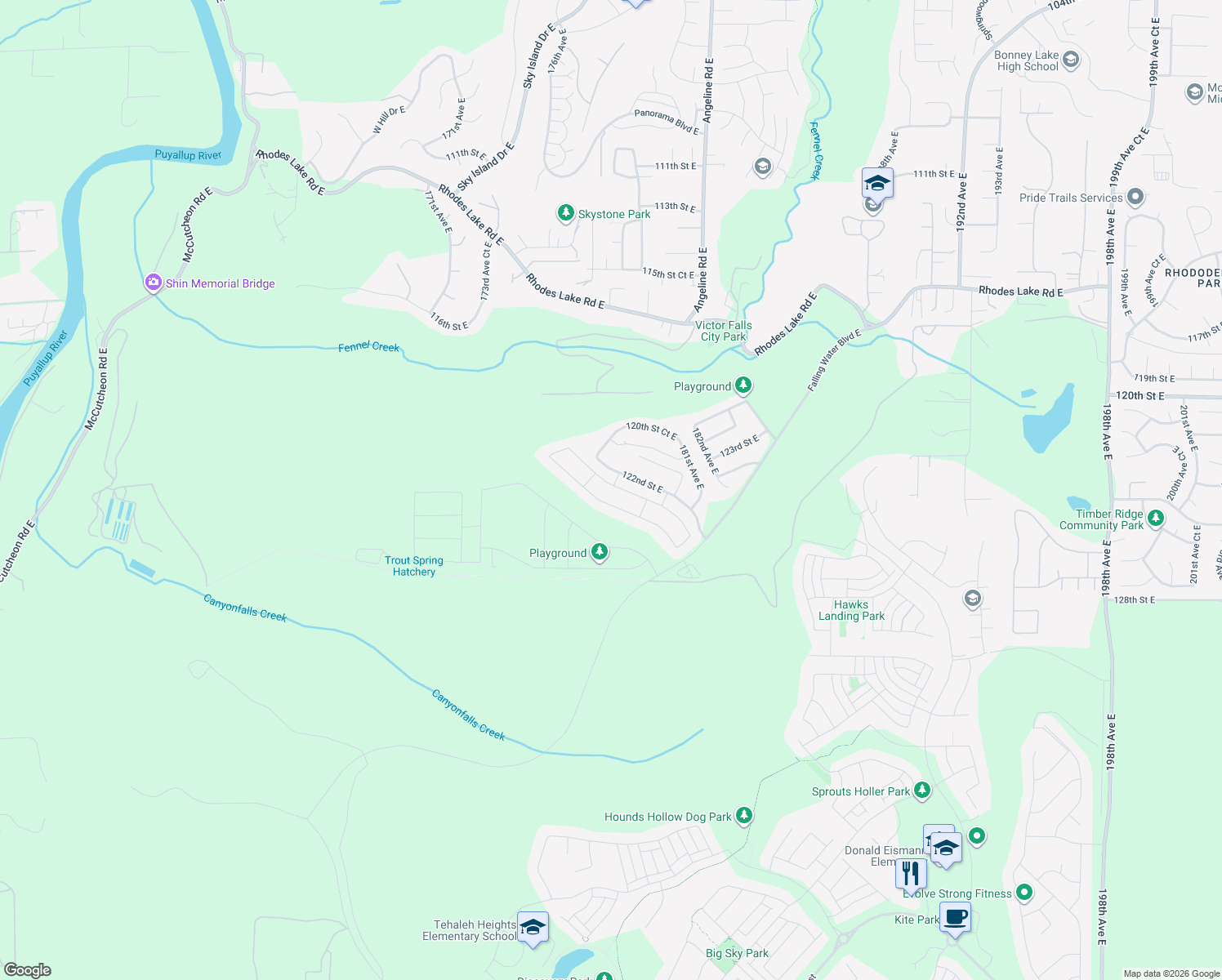 map of restaurants, bars, coffee shops, grocery stores, and more near 17902 122nd Street Court East in Bonney Lake