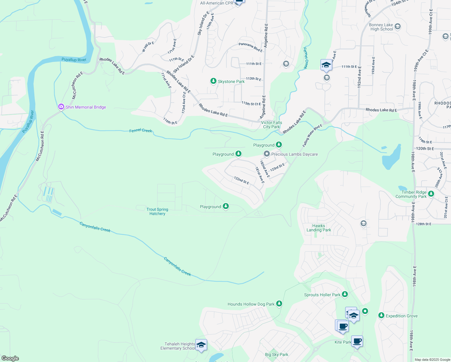 map of restaurants, bars, coffee shops, grocery stores, and more near 17824 122nd Street Court East in Bonney Lake