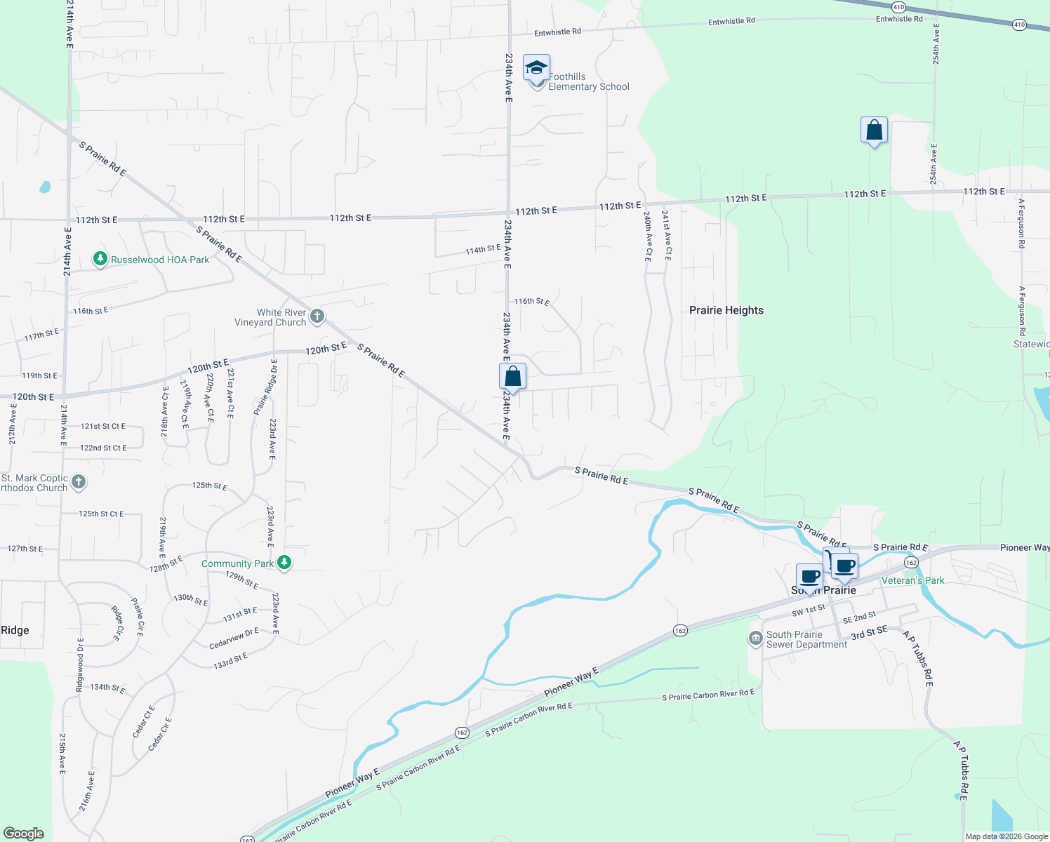 map of restaurants, bars, coffee shops, grocery stores, and more near 12115 234th Ave Ct E in Buckley