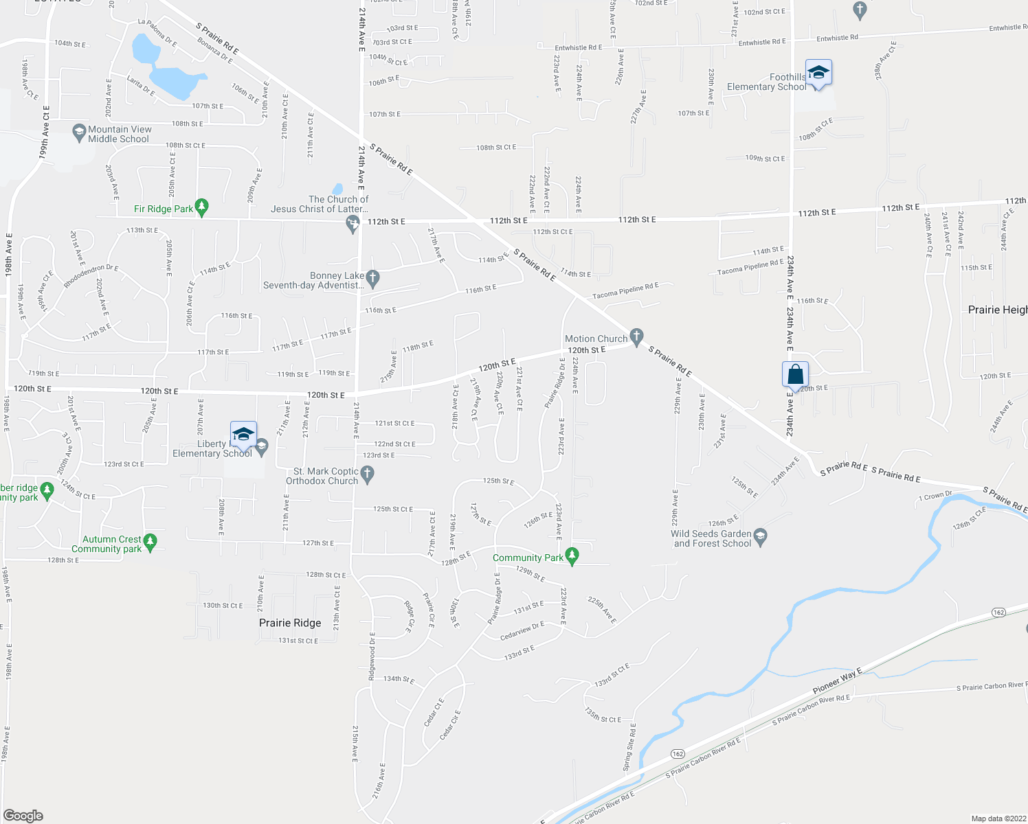 map of restaurants, bars, coffee shops, grocery stores, and more near 12016 221st Avenue Court East in Sumner