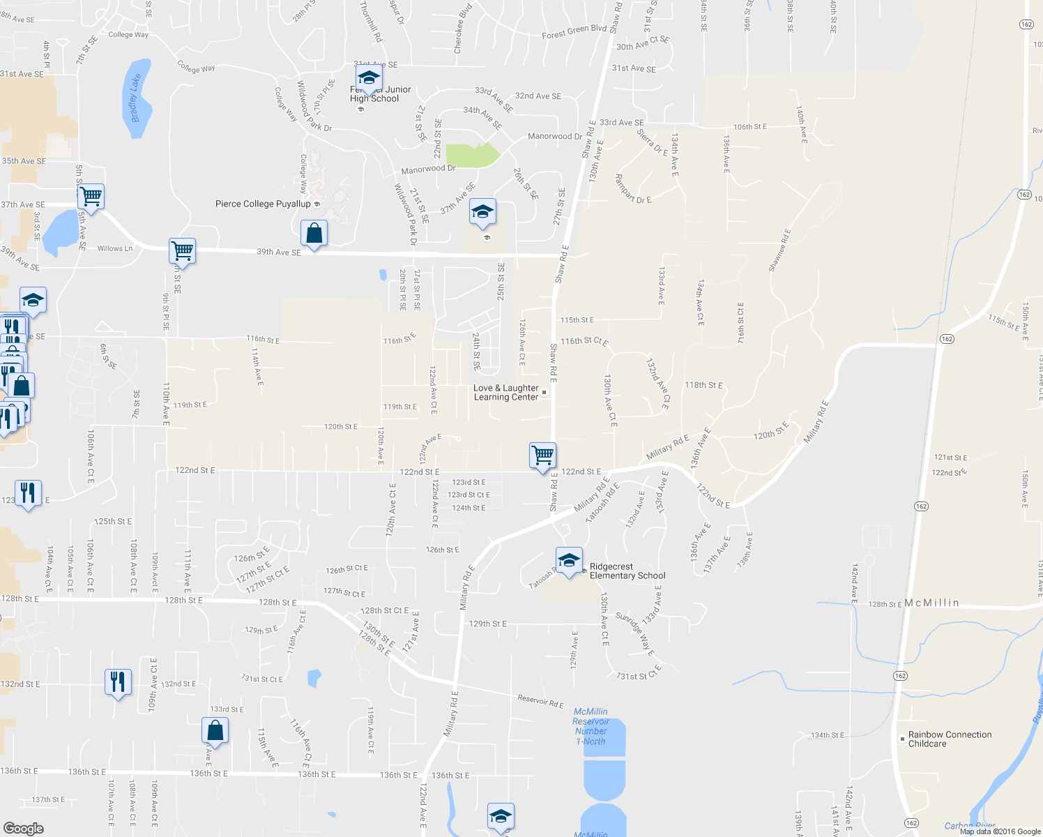 map of restaurants, bars, coffee shops, grocery stores, and more near 12609 119th Street Court East in Puyallup