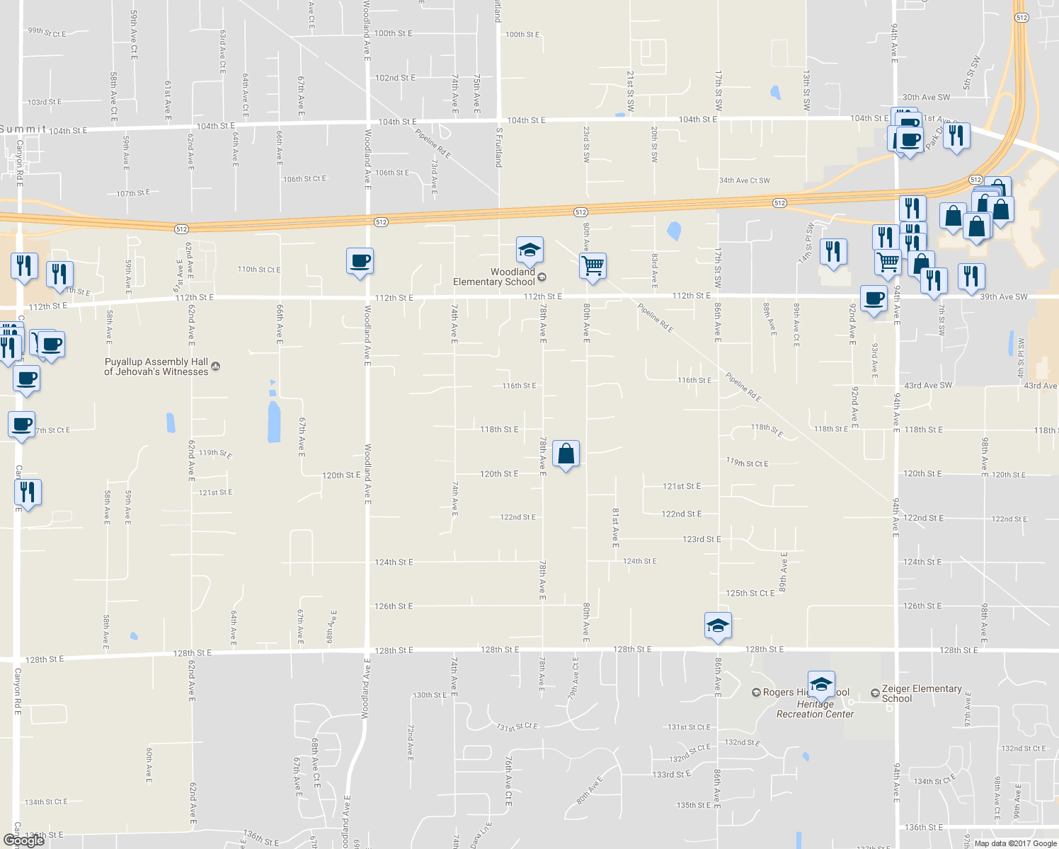 map of restaurants, bars, coffee shops, grocery stores, and more near 7711 118th Street East in Puyallup