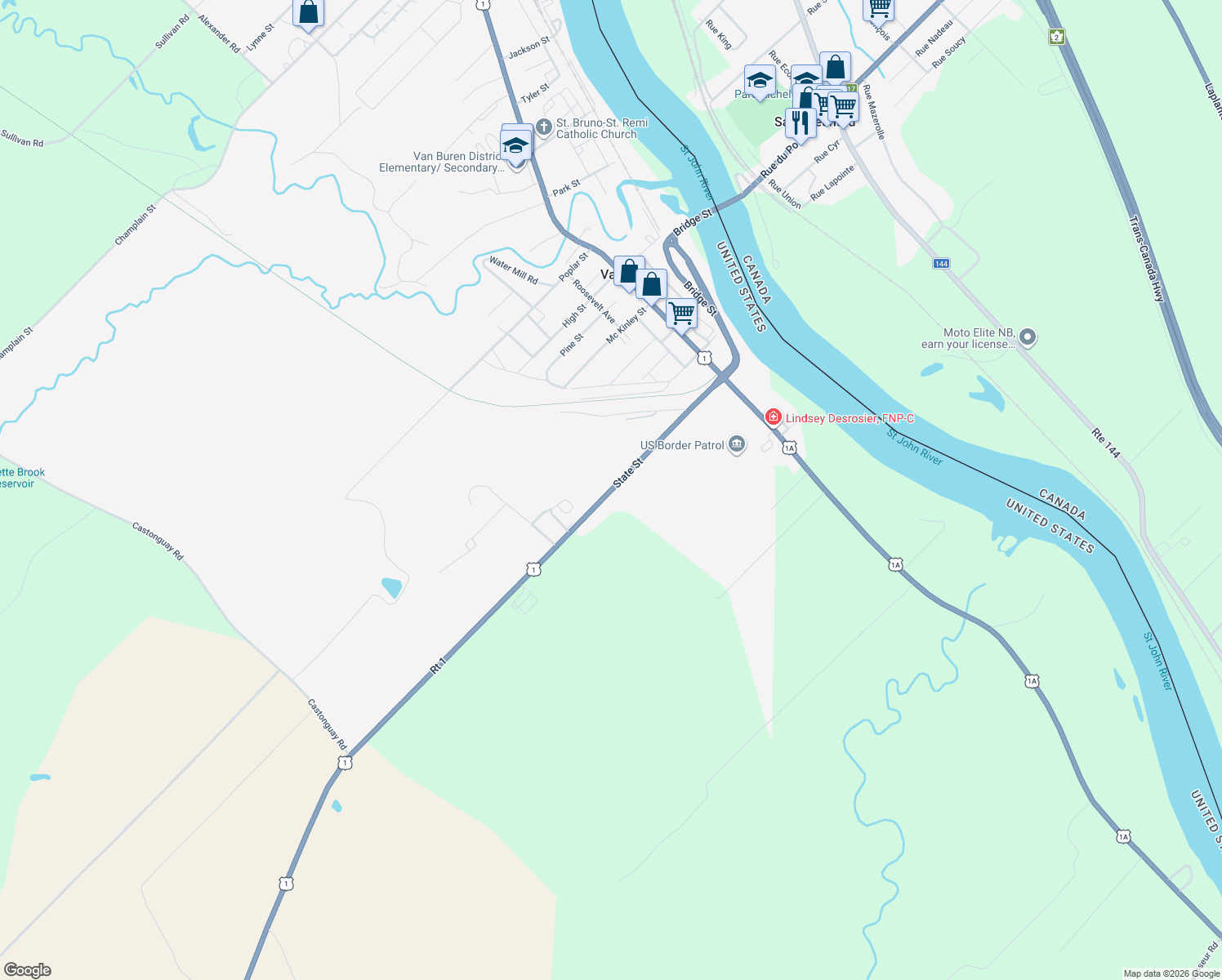 map of restaurants, bars, coffee shops, grocery stores, and more near 186 State Street in Van Buren