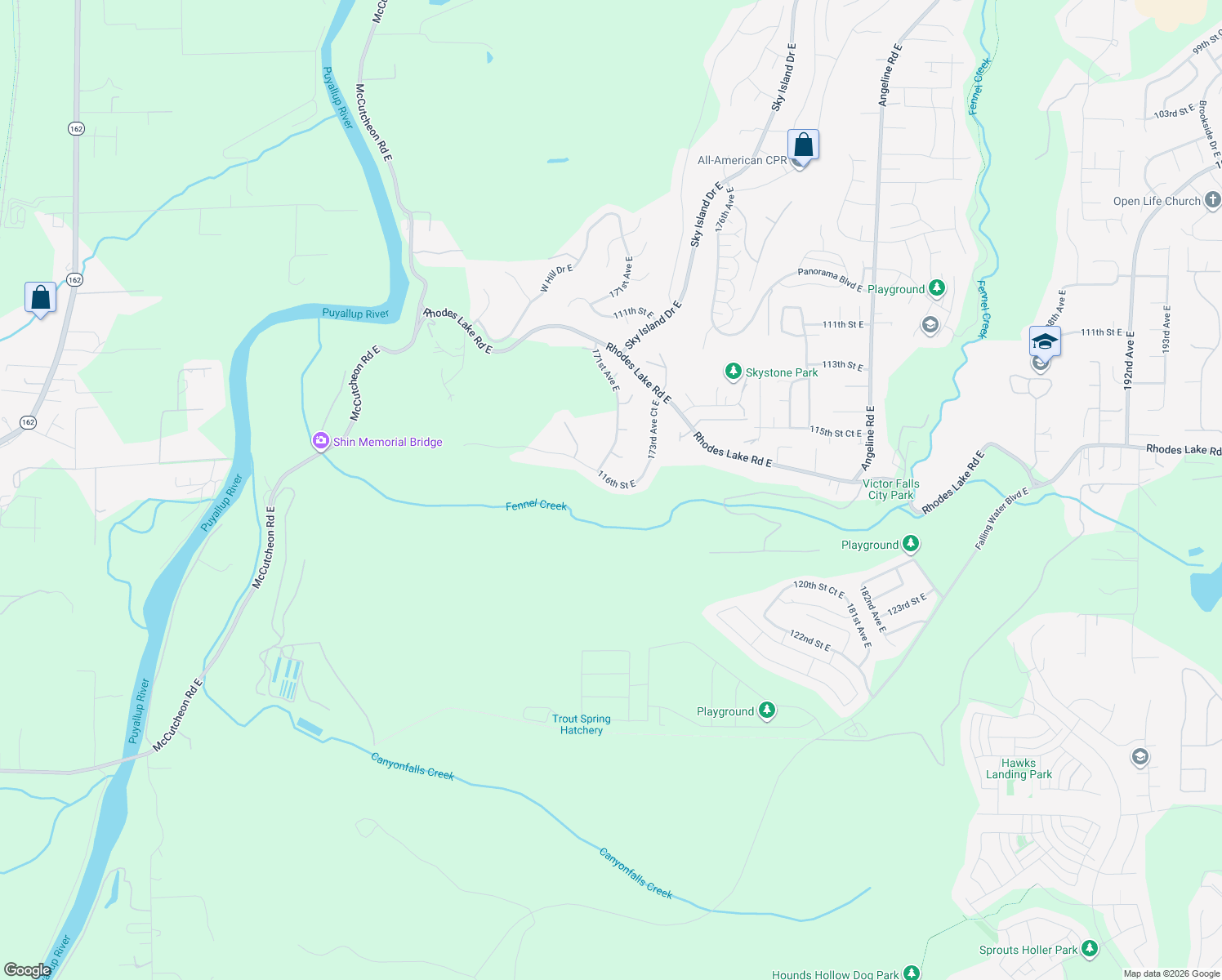 map of restaurants, bars, coffee shops, grocery stores, and more near 17114 116th Street East in Sumner