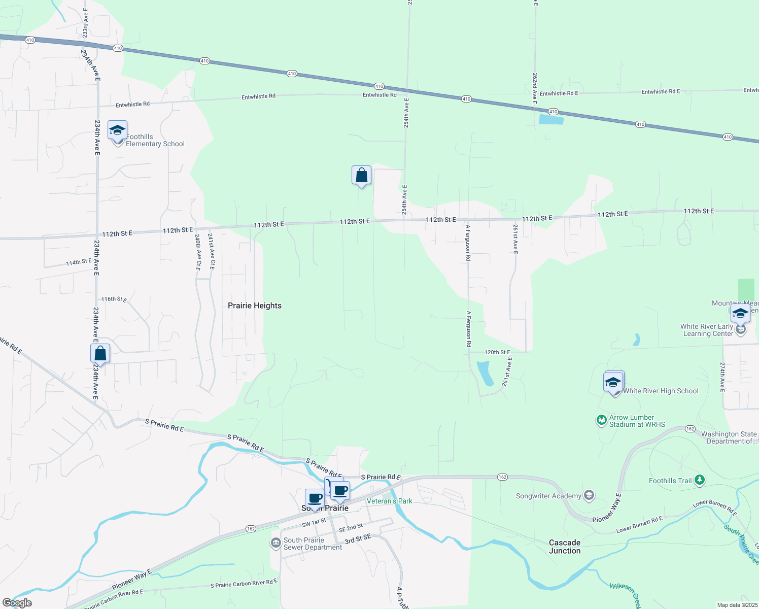map of restaurants, bars, coffee shops, grocery stores, and more near 11709 252nd Avenue East in Buckley