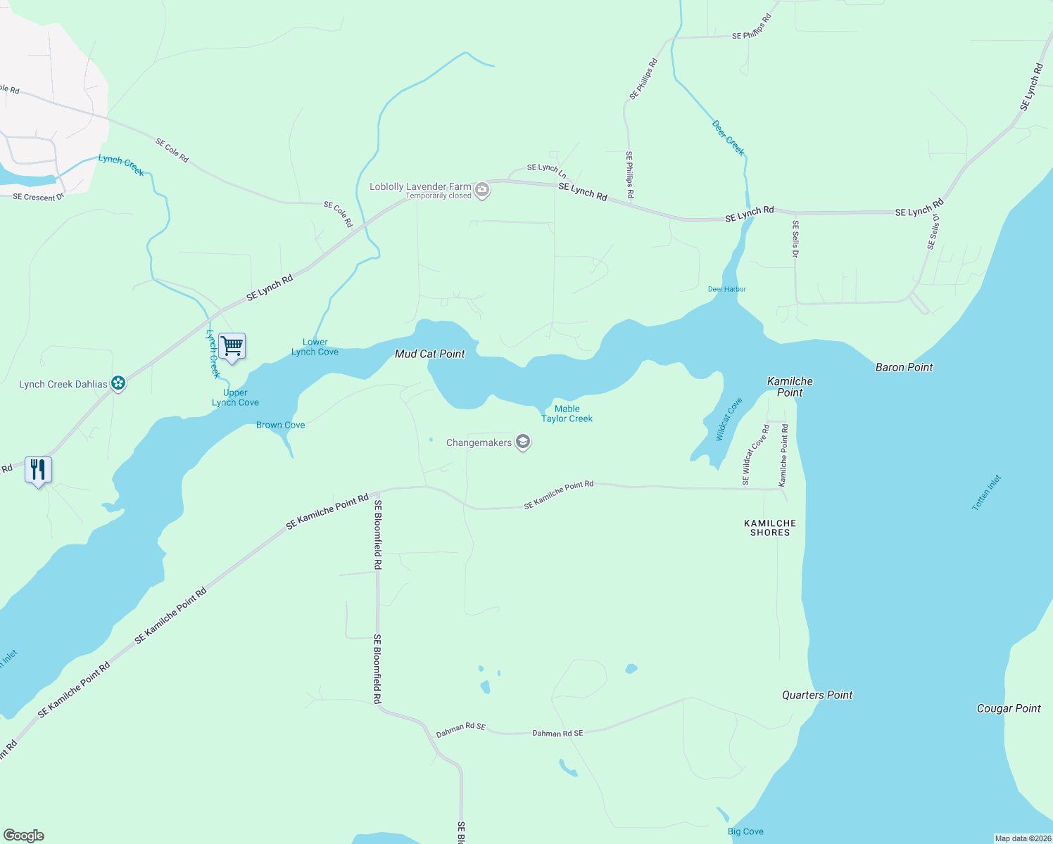 map of restaurants, bars, coffee shops, grocery stores, and more near 3093 Southeast Kamilche Point Road in Shelton