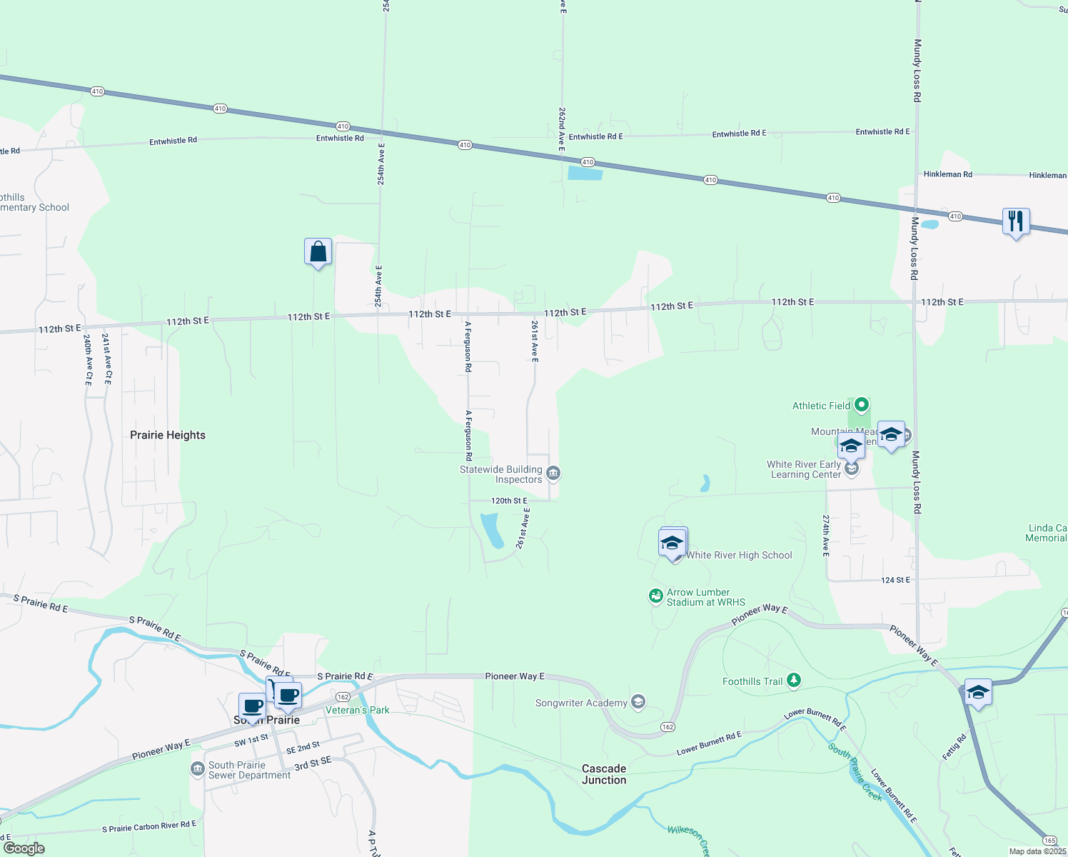 map of restaurants, bars, coffee shops, grocery stores, and more near 11705 261st Avenue East in Buckley