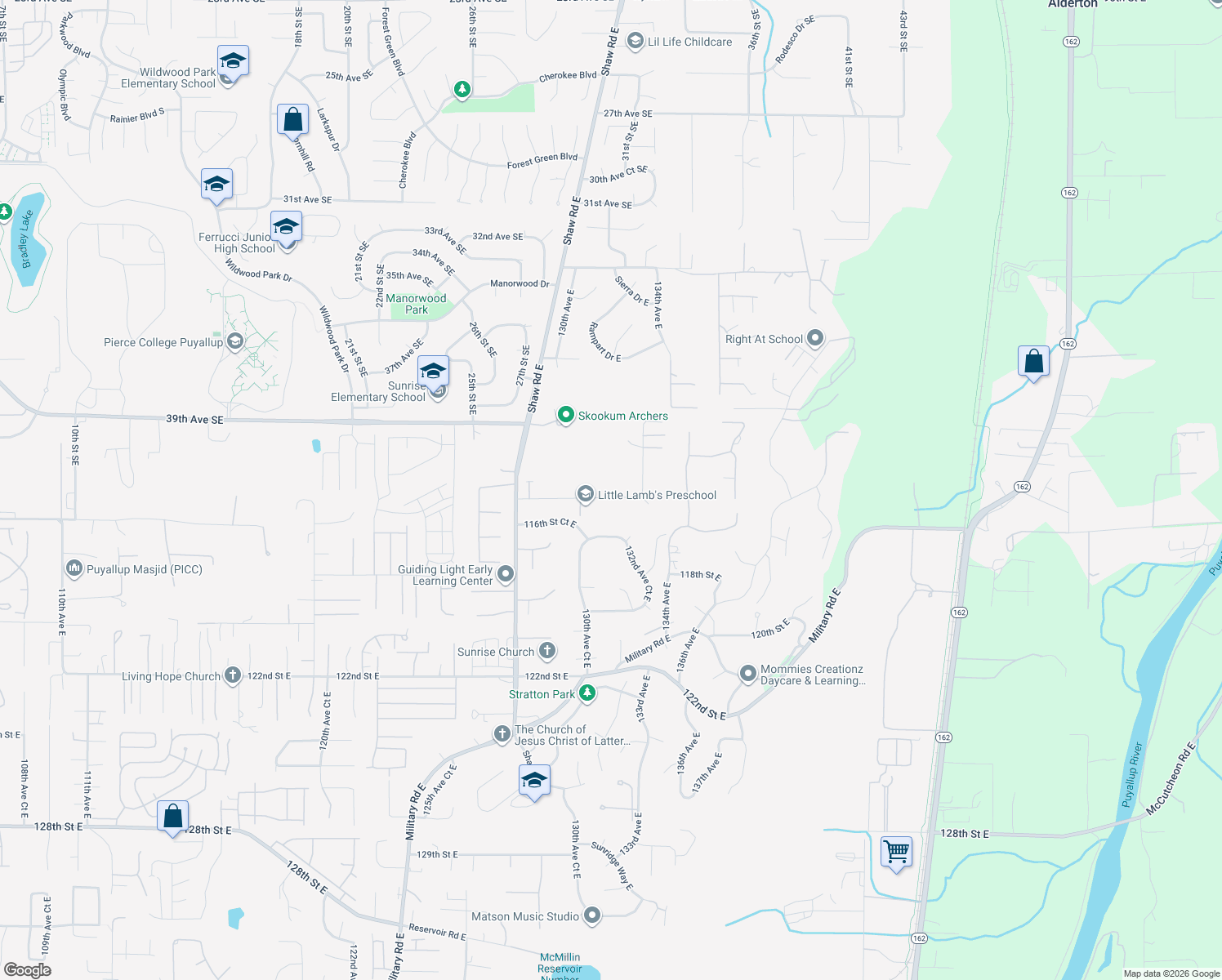 map of restaurants, bars, coffee shops, grocery stores, and more near 13115 115th Street East in Puyallup
