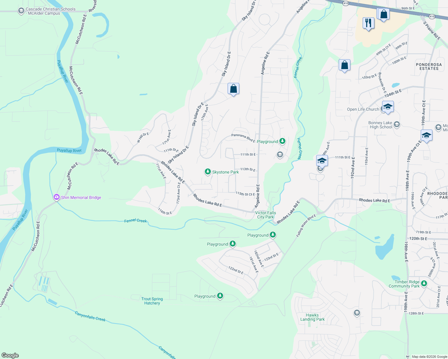 map of restaurants, bars, coffee shops, grocery stores, and more near 17811 114th Street Court East in Sumner