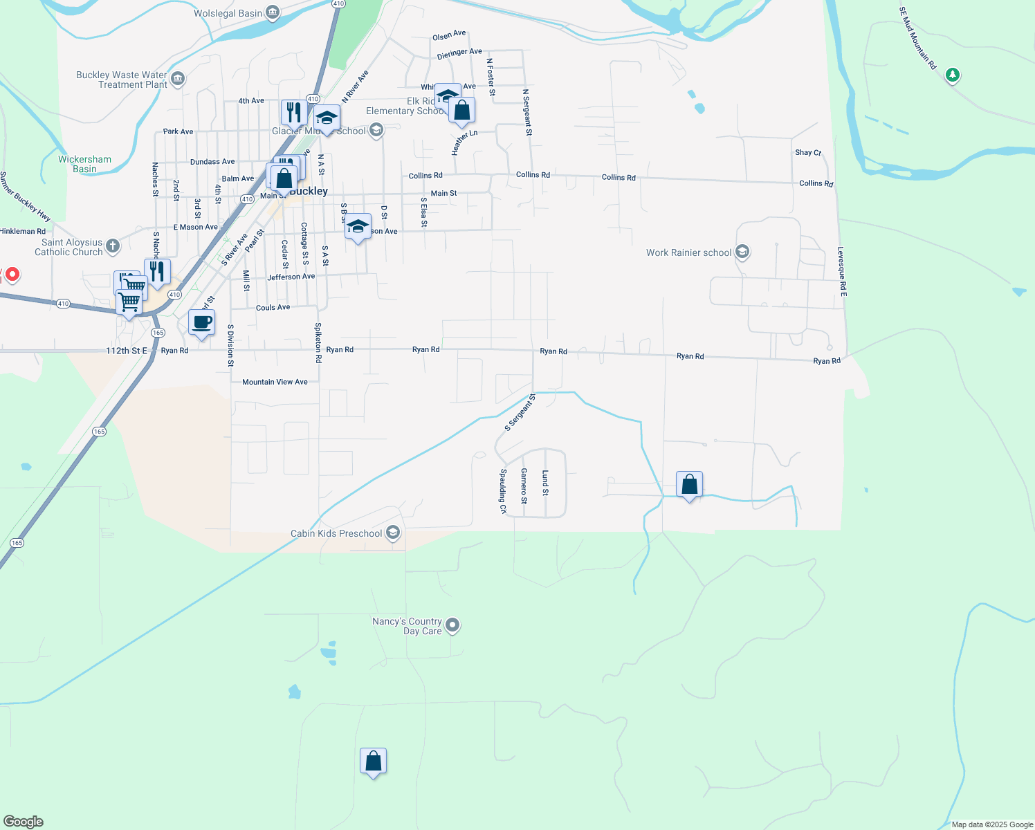 map of restaurants, bars, coffee shops, grocery stores, and more near 539 Davis Street in Buckley