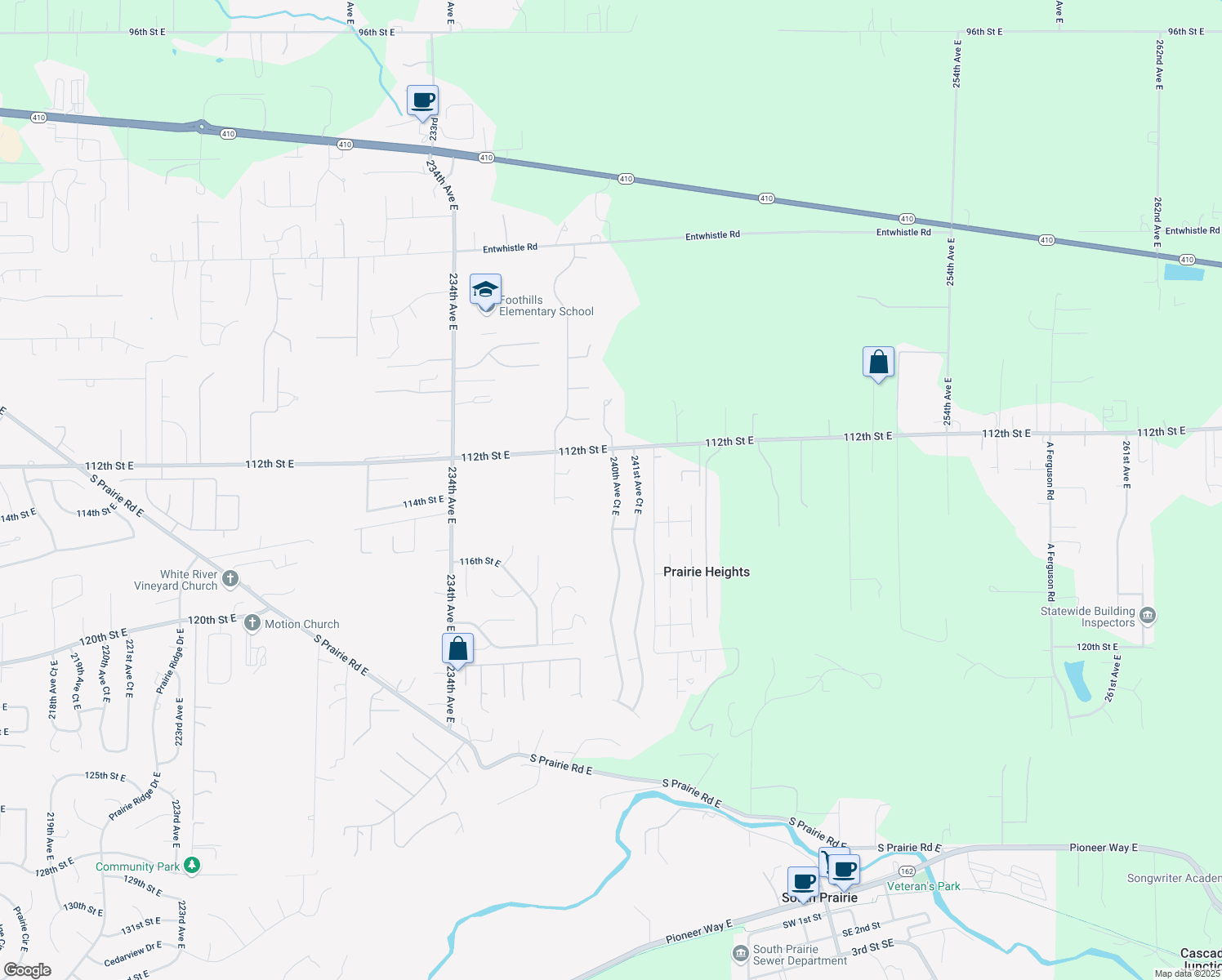 map of restaurants, bars, coffee shops, grocery stores, and more near 11318 240th Ave Ct E in Buckley