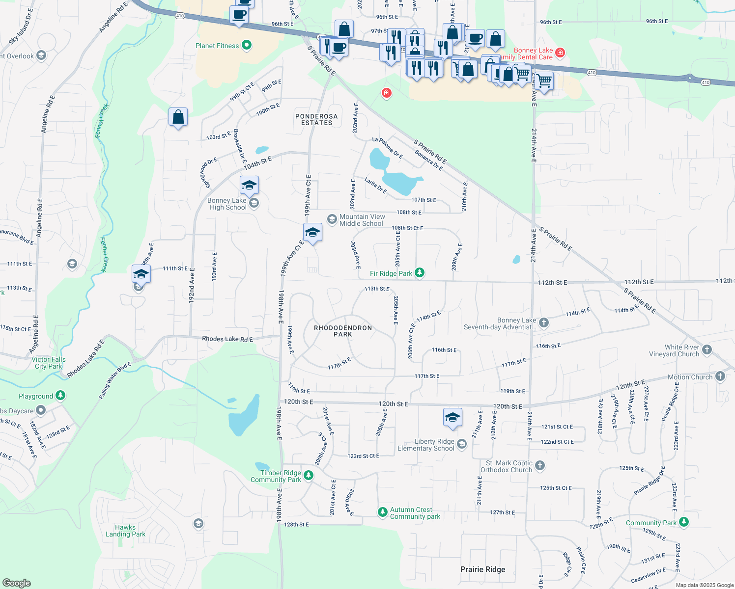 map of restaurants, bars, coffee shops, grocery stores, and more near 11302 203rd Avenue East in Sumner