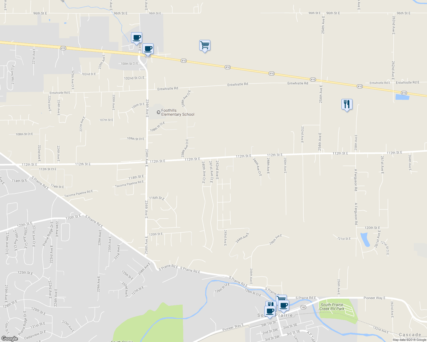 map of restaurants, bars, coffee shops, grocery stores, and more near 11305 241st Avenue Court East in Buckley