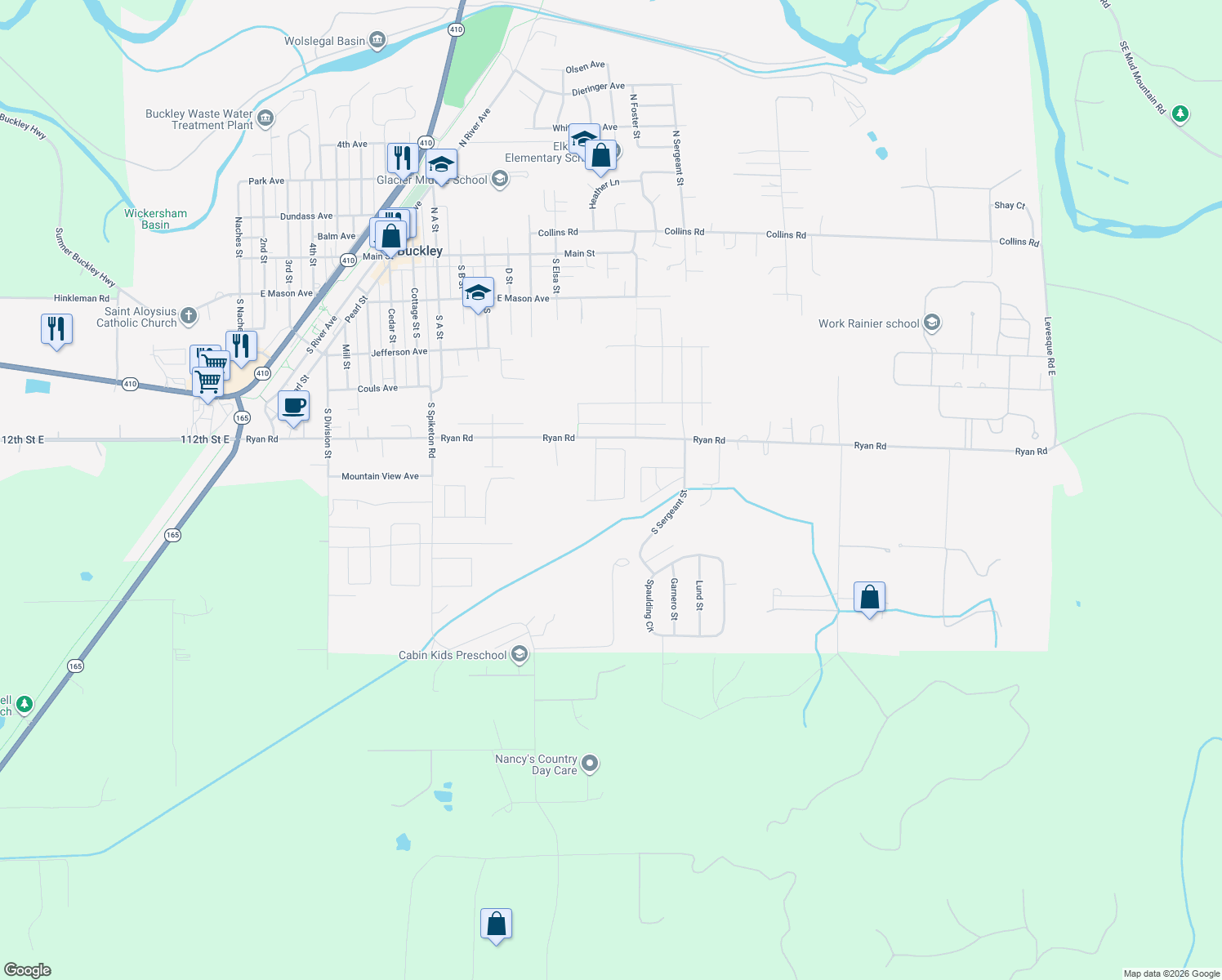 map of restaurants, bars, coffee shops, grocery stores, and more near 1435 Ryan Road in Buckley