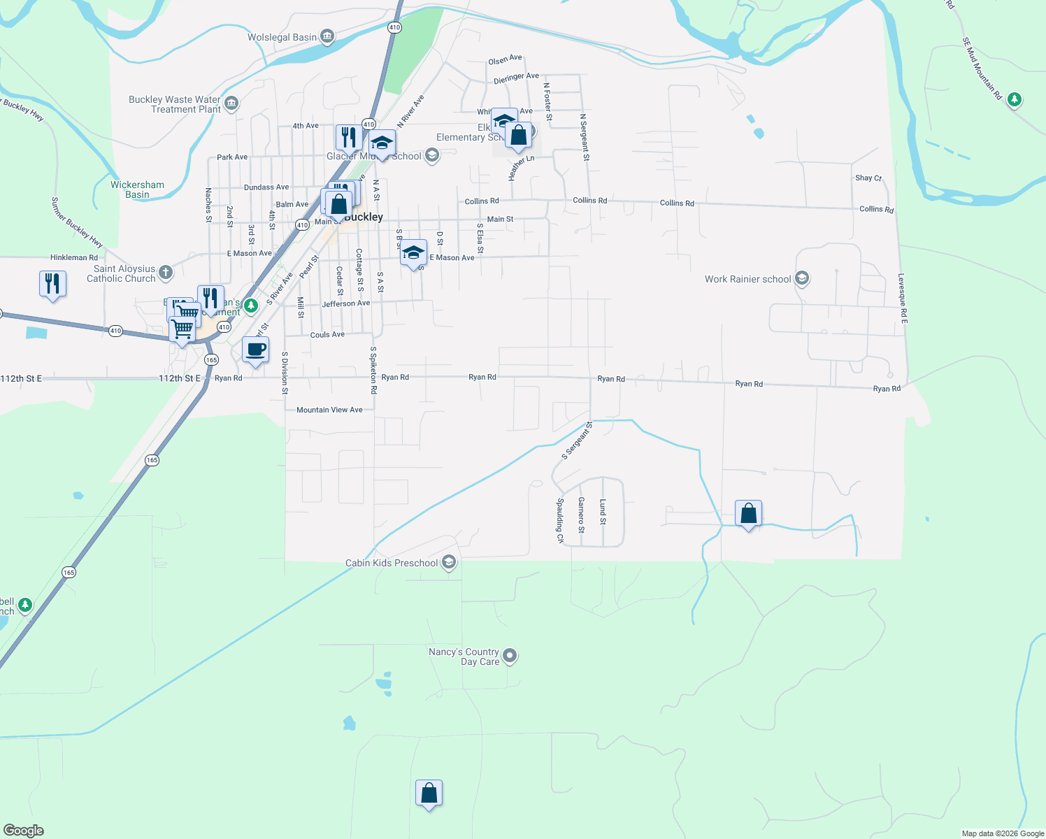 map of restaurants, bars, coffee shops, grocery stores, and more near 1435 Ryan Road in Buckley