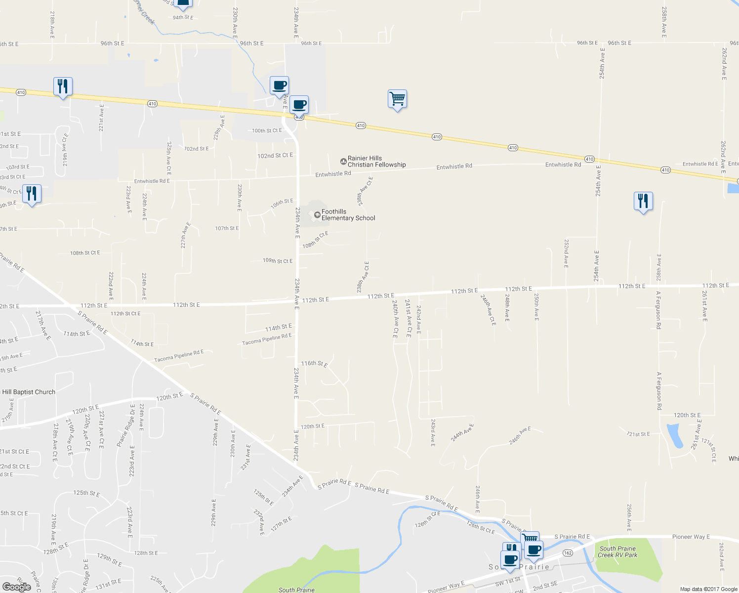 map of restaurants, bars, coffee shops, grocery stores, and more near 23910 112th Street East in Buckley