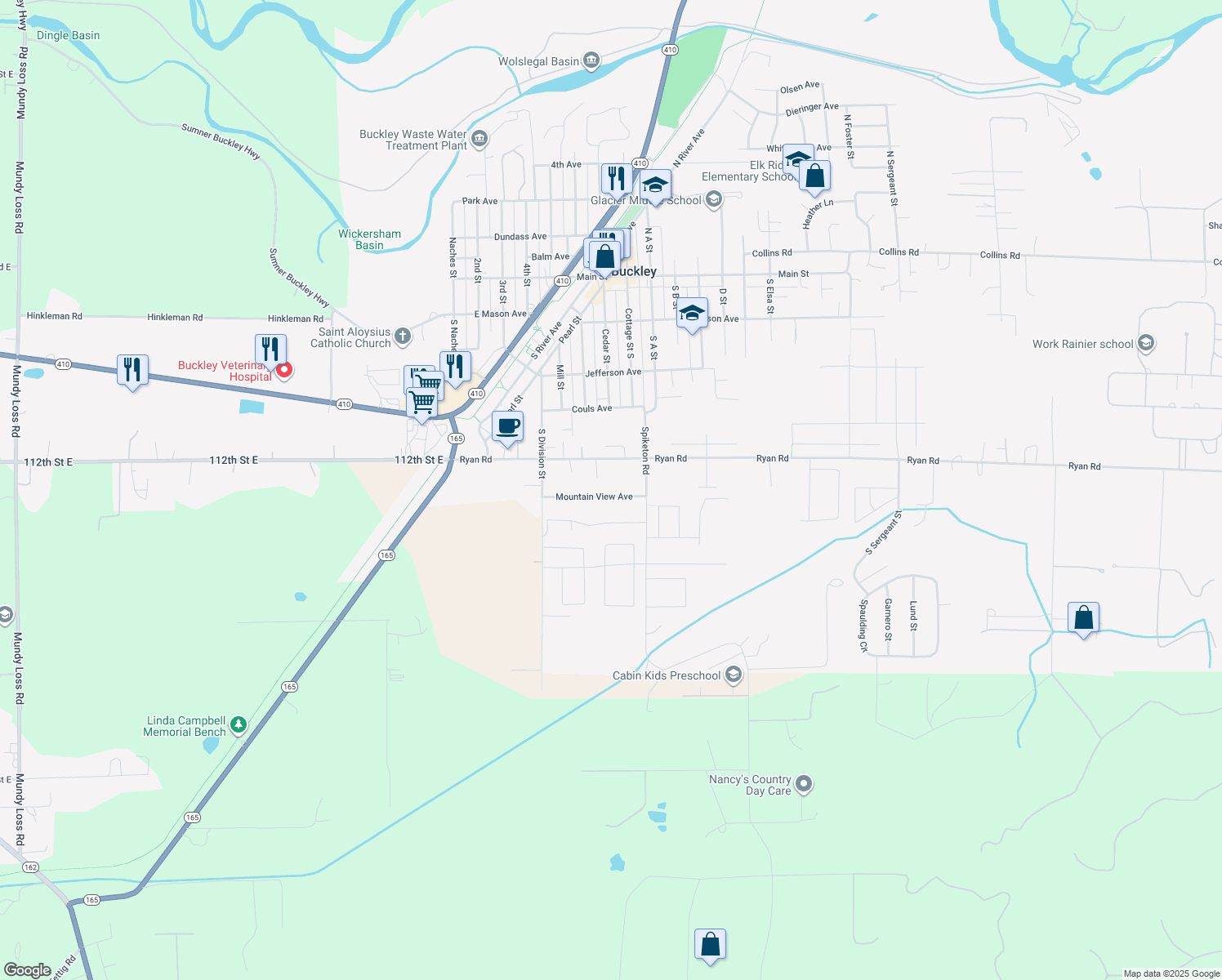 map of restaurants, bars, coffee shops, grocery stores, and more near 736 Mountain View Avenue in Buckley