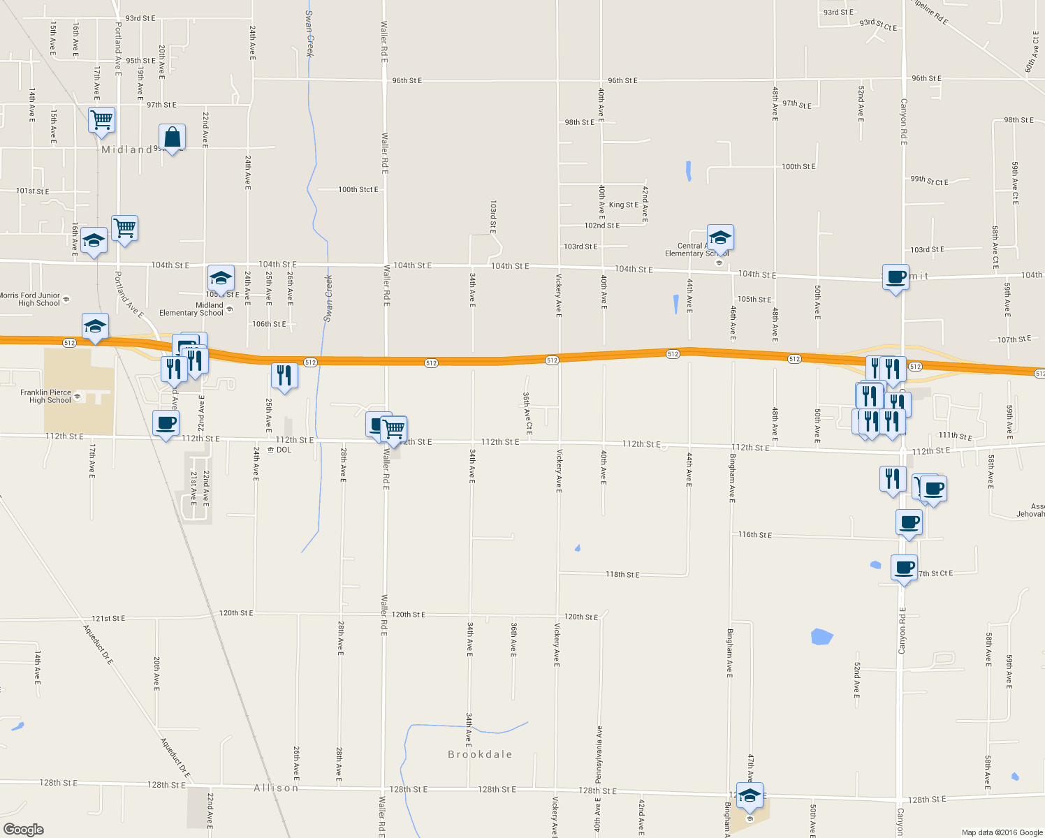 map of restaurants, bars, coffee shops, grocery stores, and more near 11016 36th Avenue Court East in Tacoma